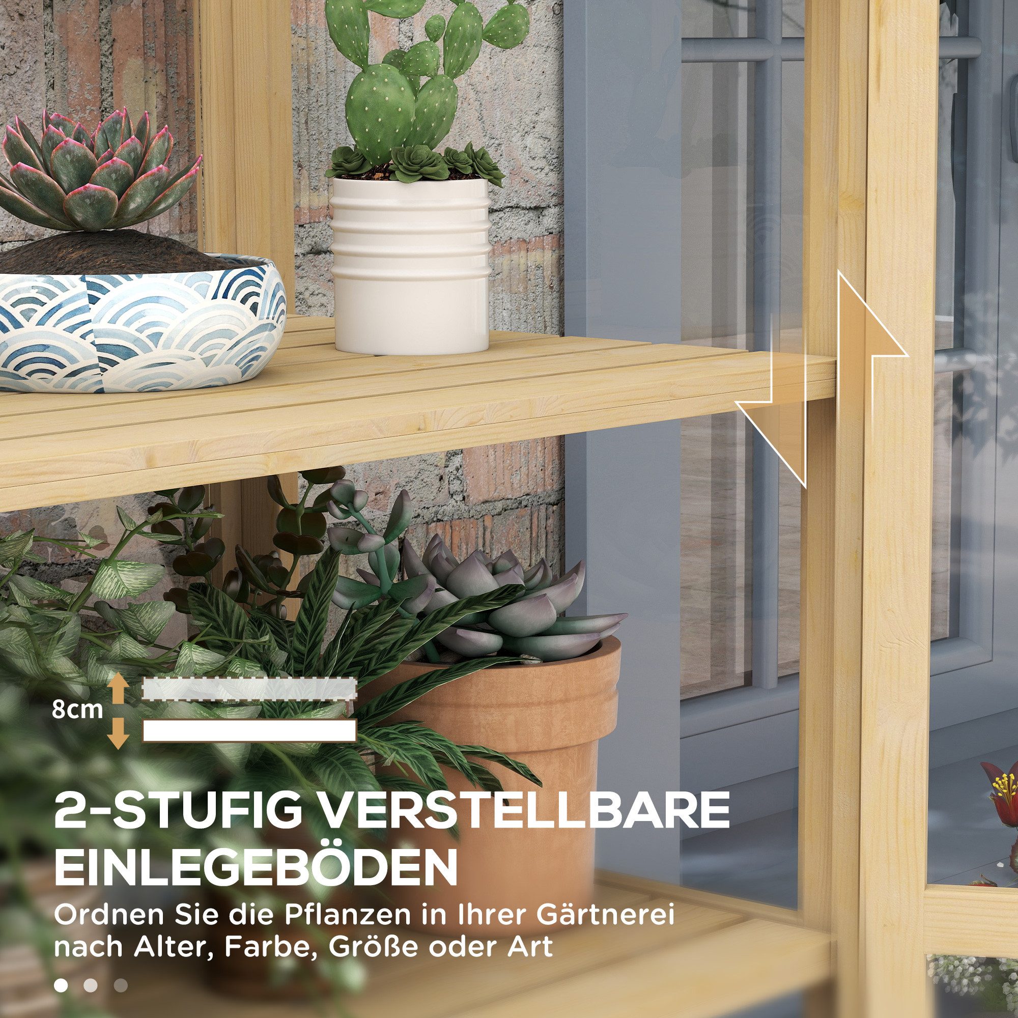 Outsunny Hochbeet Frühbeet aus Holz Abschließbar mit 4 Ebenen, Dachfenster, Doppeltür (Anzuchtbeet, 1 St., Frühbeetkasten), für Garten, Balkon, Natur, 100 x 56, – Bild 5 von 5