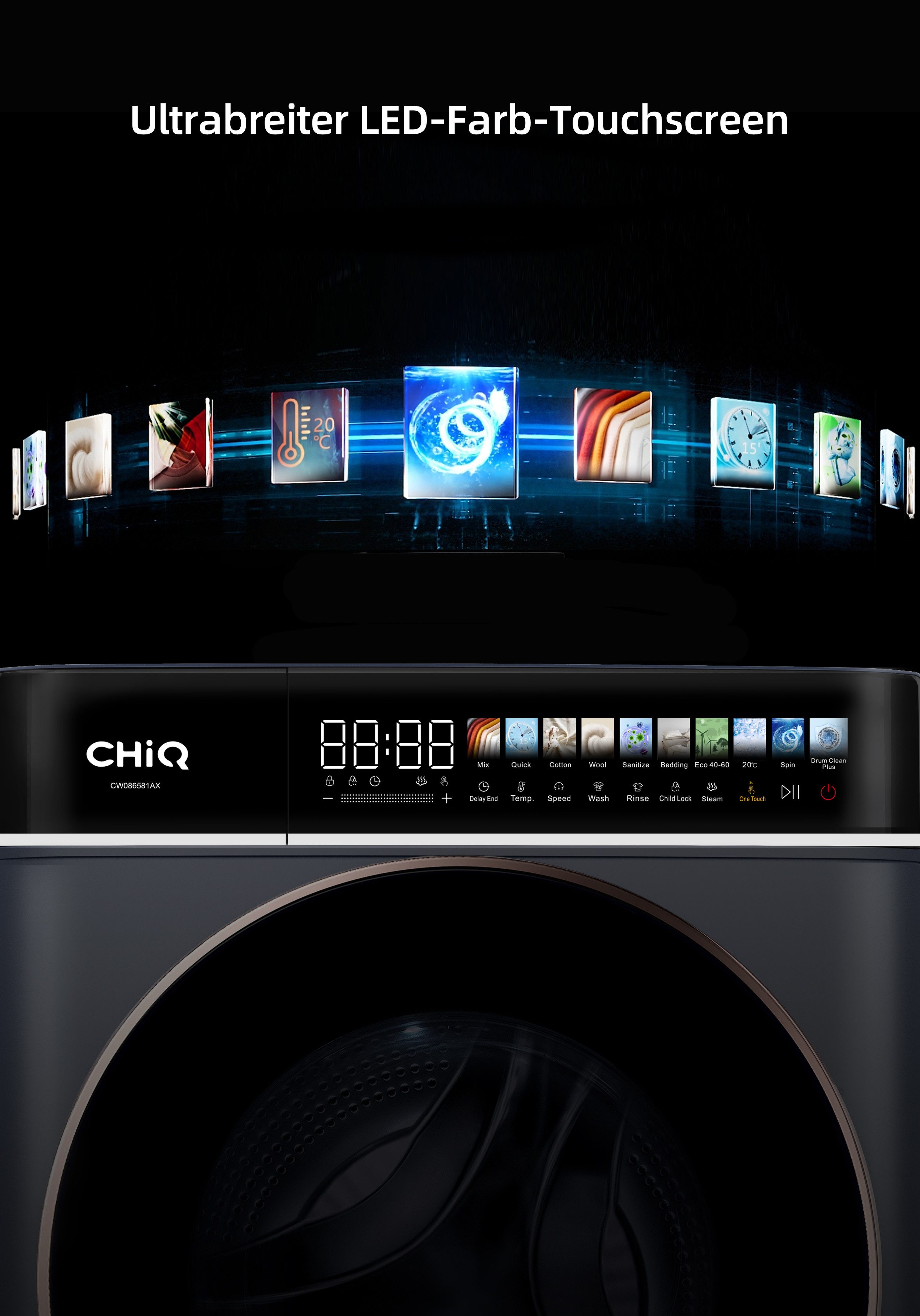 CHiQ Waschmaschine mit LED-Touch-Display CW086581AX, 8 kg, 1400 U/min, 15 Min. Schnell, EEK A-15%, 12-Jahre-Garantie auf Kompressor – Bild 3 von 5