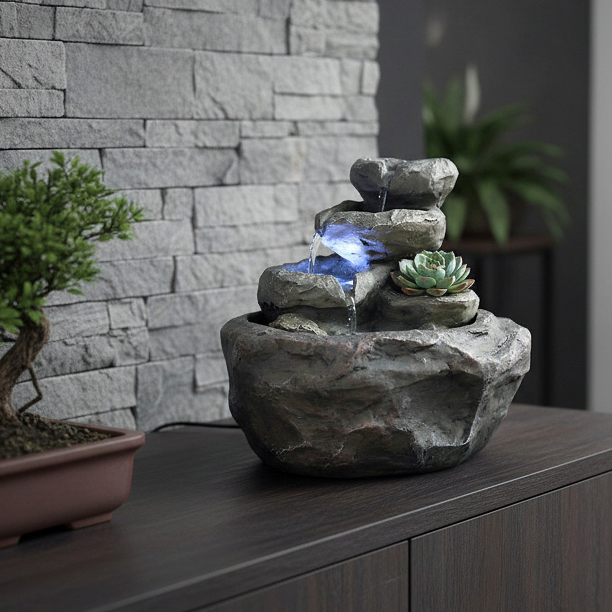 Arnusa Zimmerbrunnen Tischbrunnen Fels-Optik Wasserfall mit LED Beleuchtung Deko Brunnen, Wasserbecken BxT: 26x23 cm, Wasserspiel Wohnzimmerdeko kleiner Wasserfall-Brunnen