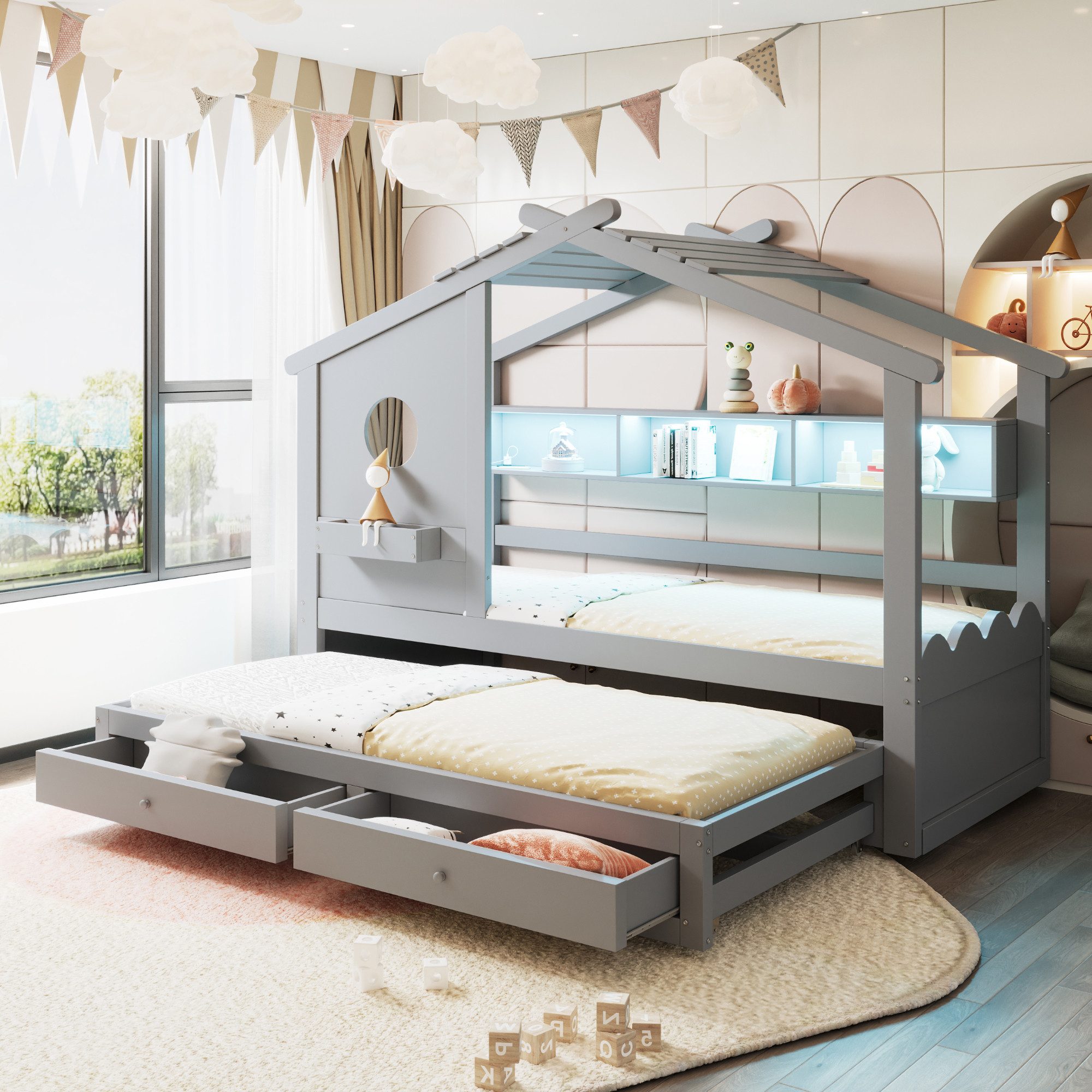 Celya Kinderbett 90x200 Hausbett mit Ausziehbett und Einlegeböden (ohne Matratze, mit 2 Schubladen, mit USB- und Typ-C-Ladeanschlüssen und LED)