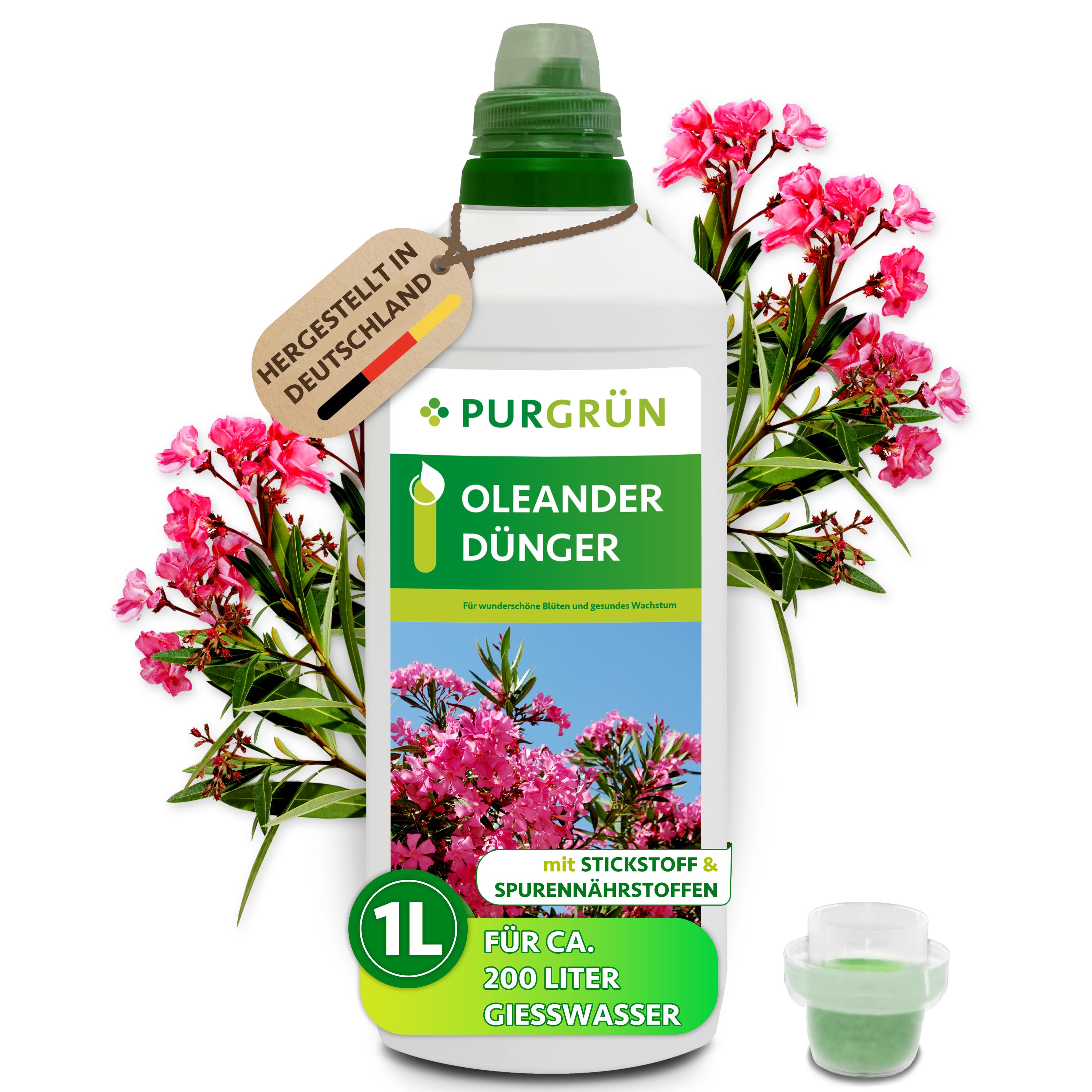 Purgrün Blumendünger Oleander Dünger, NPK 6+6+8, für Blütenpracht, 1L, Flüssigdünger, 1-St., 1 Liter, Intensive Blütenbildung dank extra Phosphor