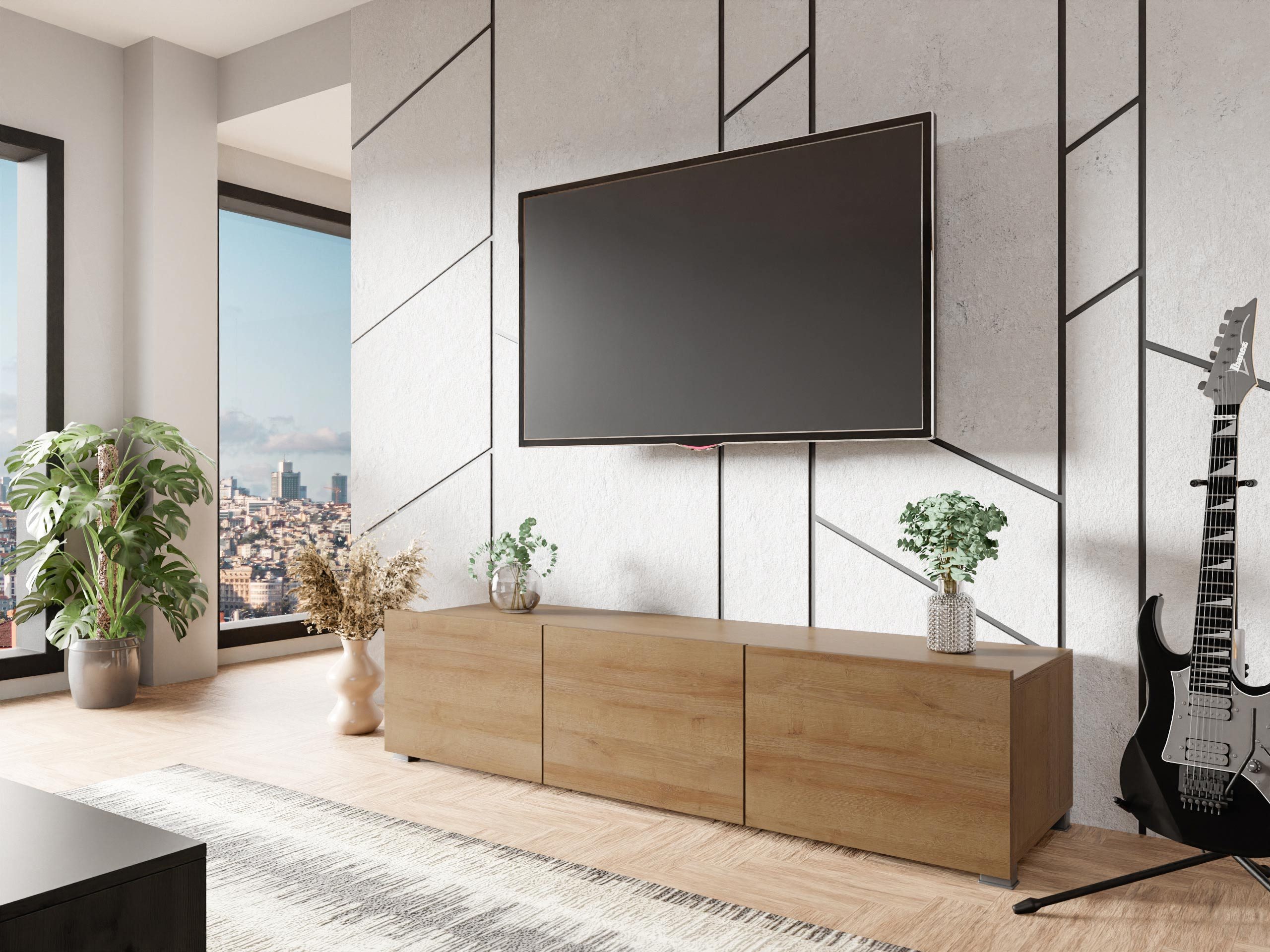 MIRJAN24 TV-Schrank Calabrini 150 04 (mit 3 Türen) ohne Griffe, silberne Beine 5 cm