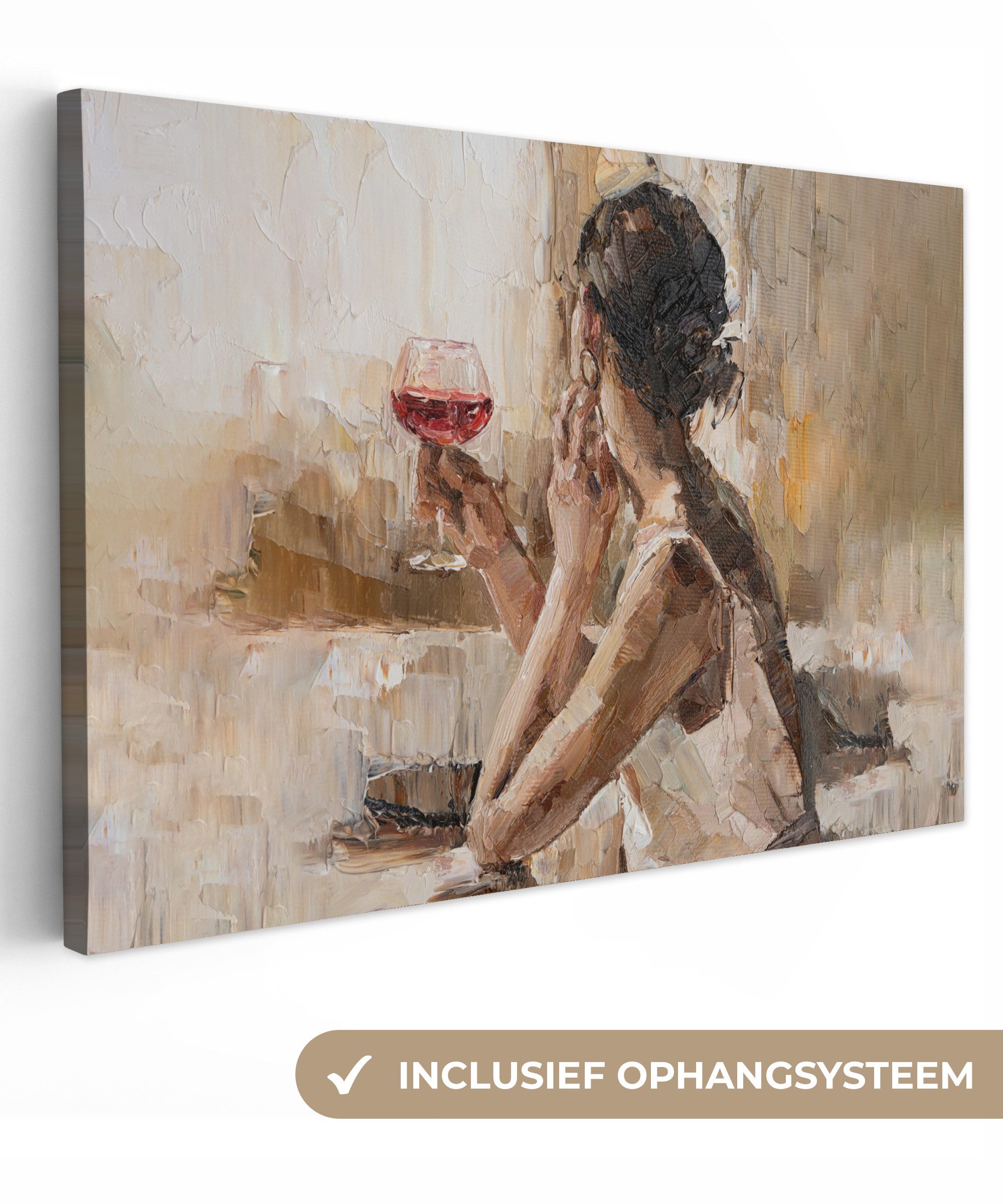 OneMillionCanvasses® Leinwandbild Kunstdrucke - Ölfarbe - Frau - Wein, Fotodruck (1 St), Leinwand Bilder Klein, Wand Dekoration Aesthetic 30x20 cm