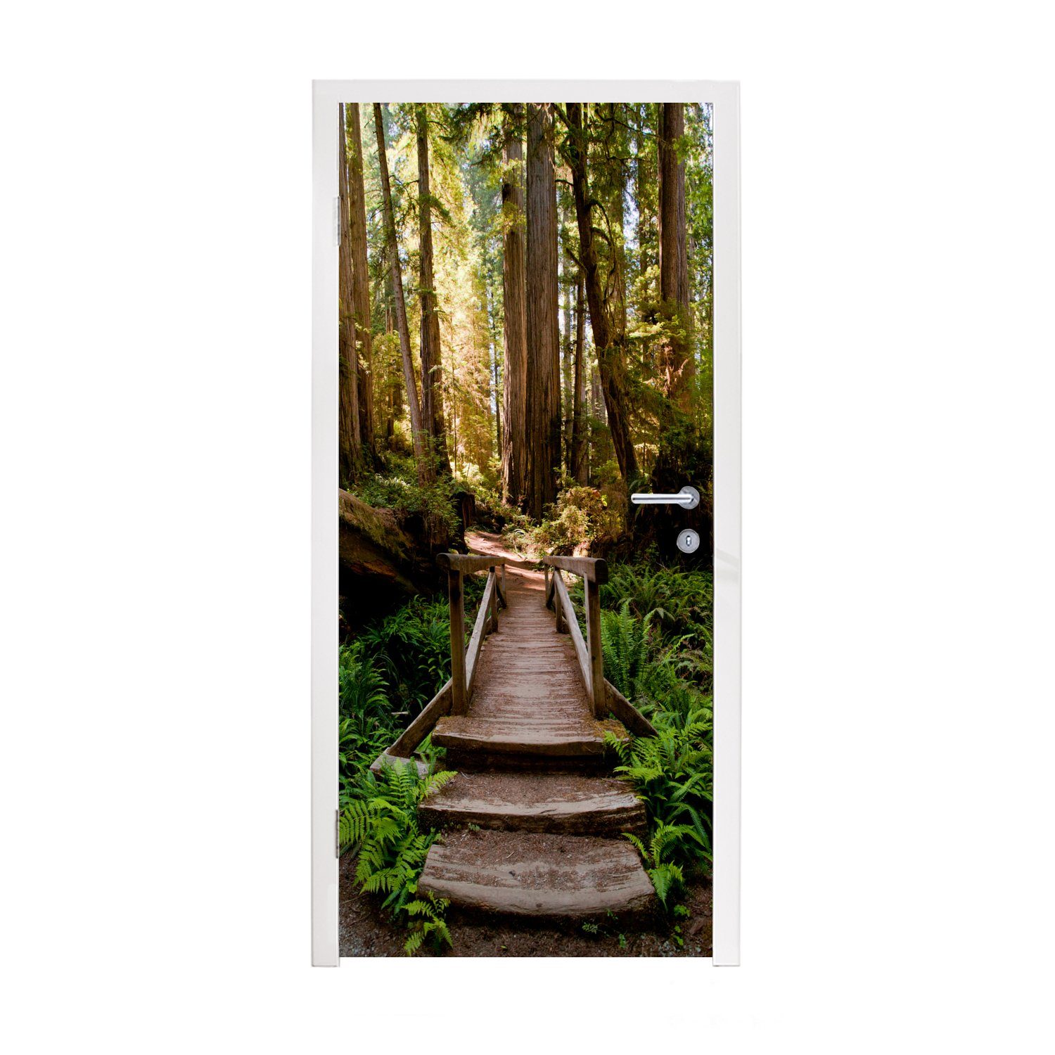 MuchoWow Türtapete Dschungel - Natur - Treppe - Bäume, Matt, bedruckt, (1 St), Selbstklebende Tapete, Folie für Möbel, 75x205 cm