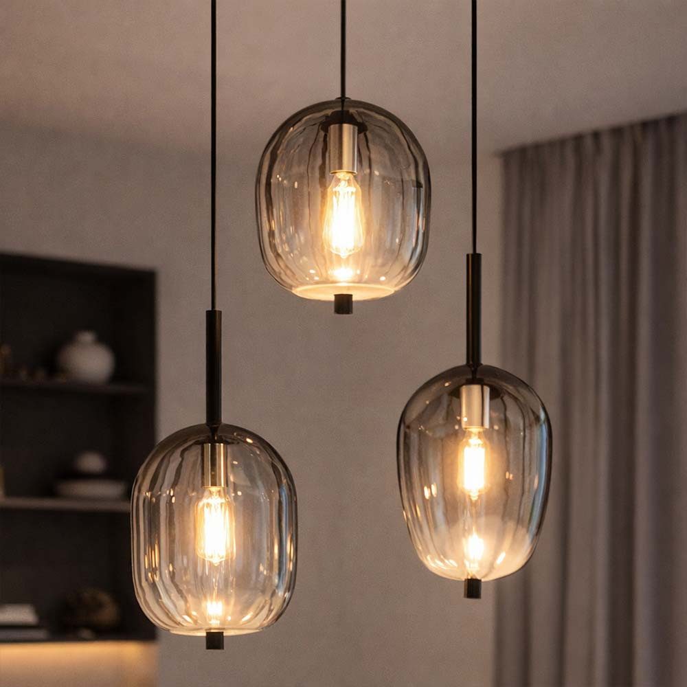 GLOBO LIGHTING LED-Hängeleuchte, Leuchtmittel inklusive, Warmweiß, Hängelampe Wohnzimmerleuchte Metall Glas rauch 3 Flammig LED