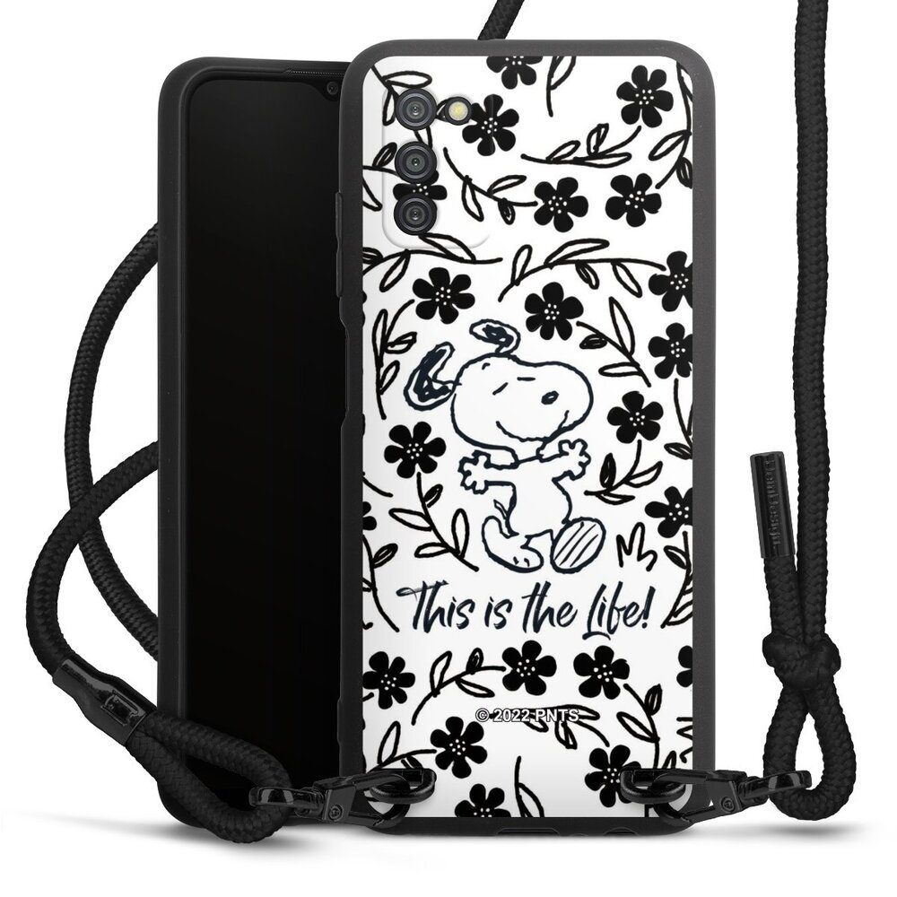 DeinDesign Handyhülle Peanuts Blumen Snoopy Snoopy Black and White This Is The Life, Samsung Galaxy A03s Premium Handykette Hülle mit Band Cover mit Kette