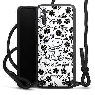 DeinDesign Handyhülle Peanuts Blumen Snoopy Snoopy Black and White This Is The Life, Samsung Galaxy A03s Premium Handykette Hülle mit Band Cover mit Kette