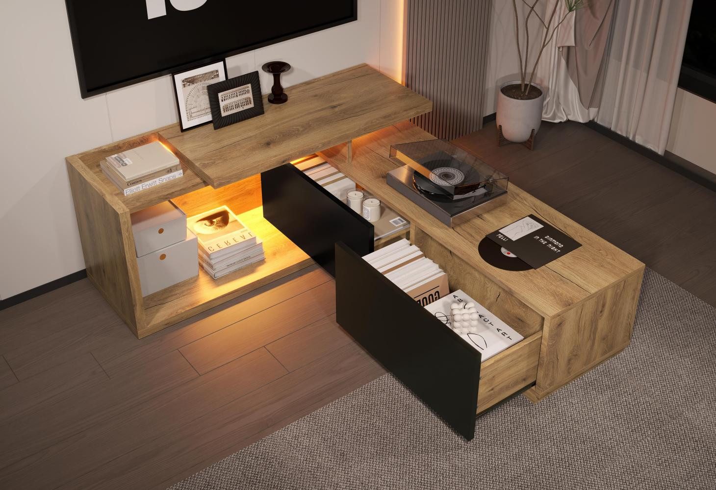 LVHOM TV-Schrank Modular 2-in-1, LED-Beleuchtung, großer Stauraum, L-Form, ausziehbar (bis 50 kg, 2 Schubladen, extravagant Stauraum, verschiebbarer TV-Schrank) rechter Schrankkörper frei positionierbar, max. ca. 2 m ausziehbar
