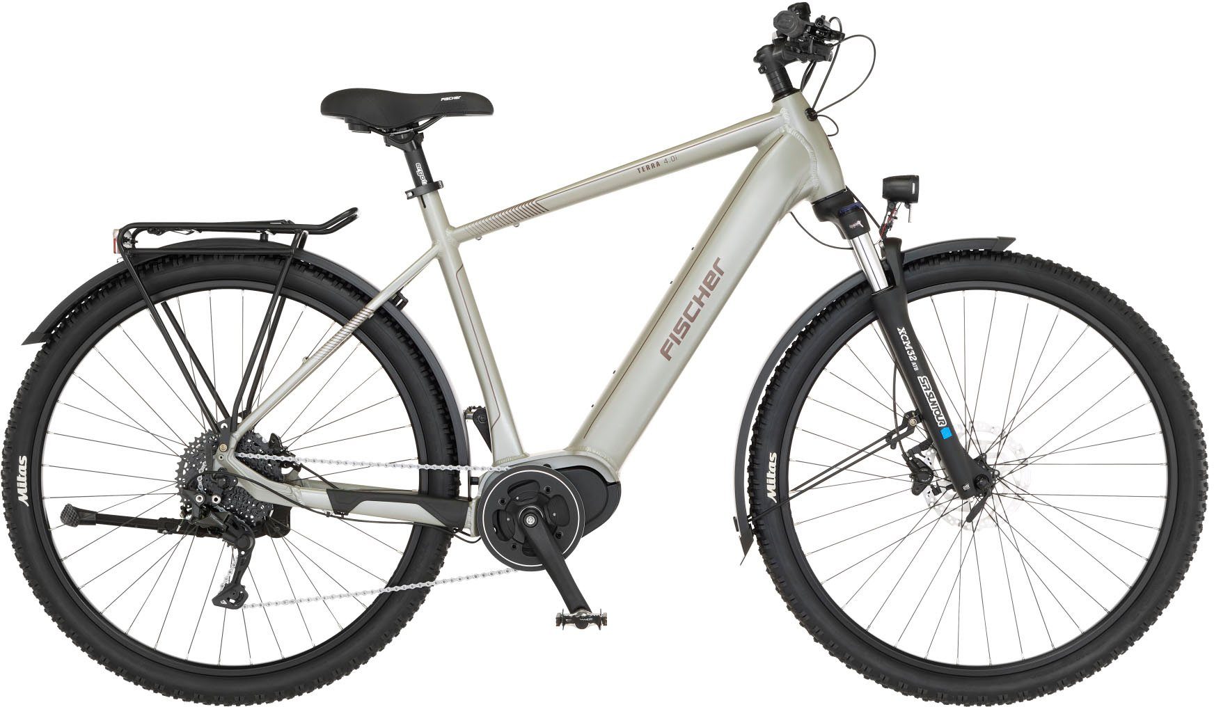 FISCHER Fahrrad E-Bike ATB TERRA 4.0i 55, 10 Gang Shimano Deore Schaltwerk, Kettenschaltung, Mittelmotor, 630 Wh, (mit Fahrradschloss), Pedelec, Elektrofahrrad für Damen u. Herren