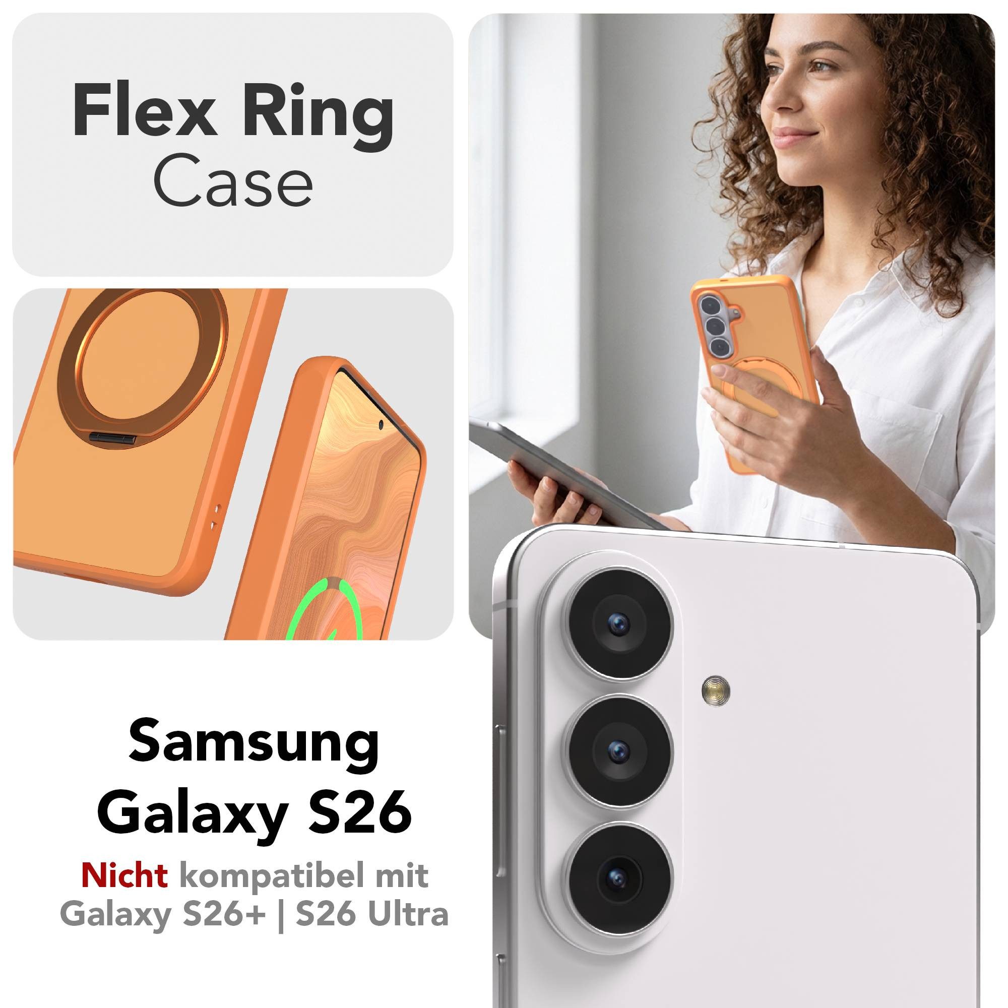 EAZY CASE Handyhülle Outdoor Galaxy S26 Case mit MagSafe Rotation Ring 6,3 Zoll, Slimcover Handyhülle Outdoor zum Aufstellen mit Ring modern in Orange