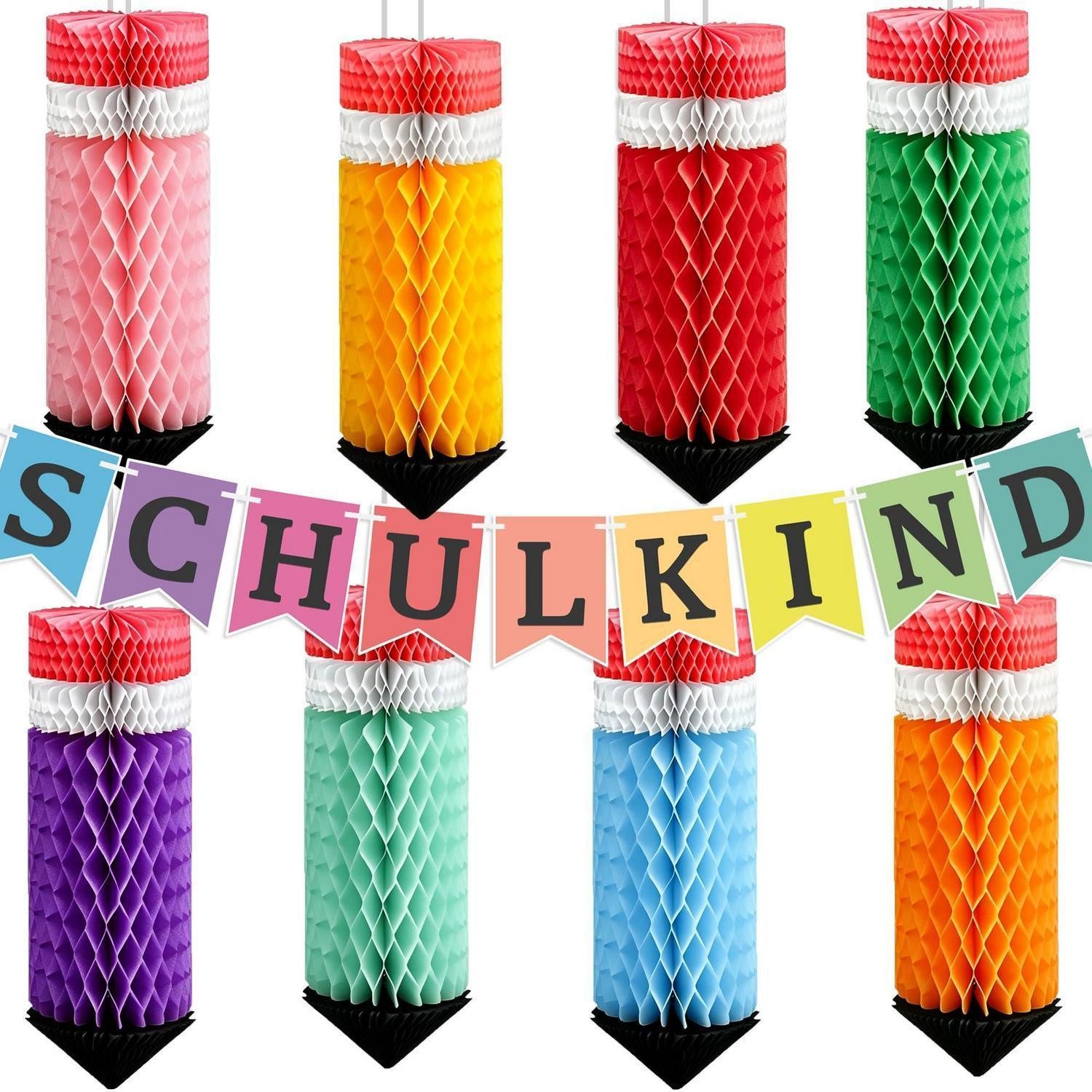 LuxusKollektion Wimpelkette Deko-Set Einschulung Buntstifte Wabenkugeln Girlande