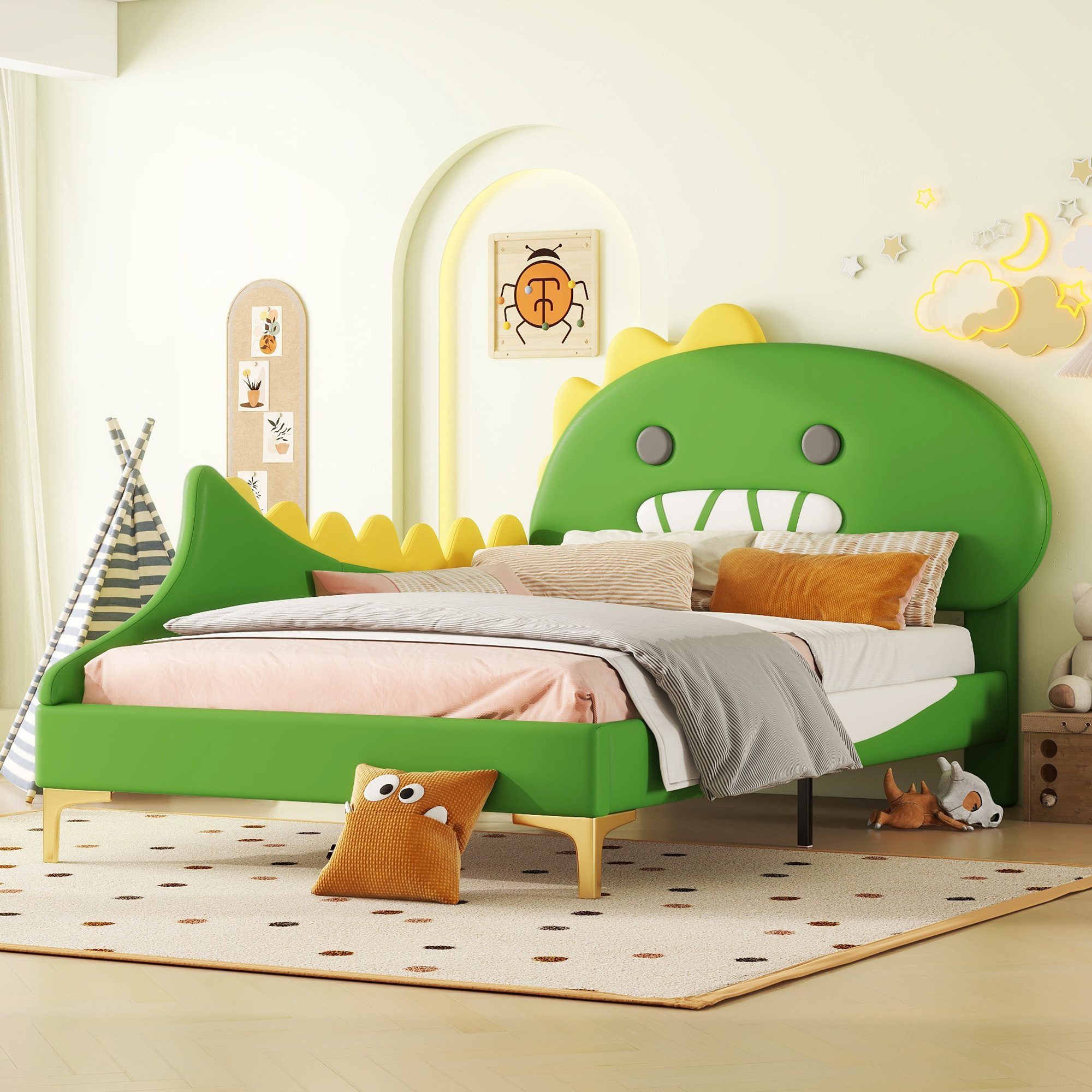 NMonet Kinderbett Polsterbett (Geeignet für Jungen und Mädchen), Cartoon Dinosaurier Form, Bezug aus Kunstleder, Einzelbett, 90x200cm