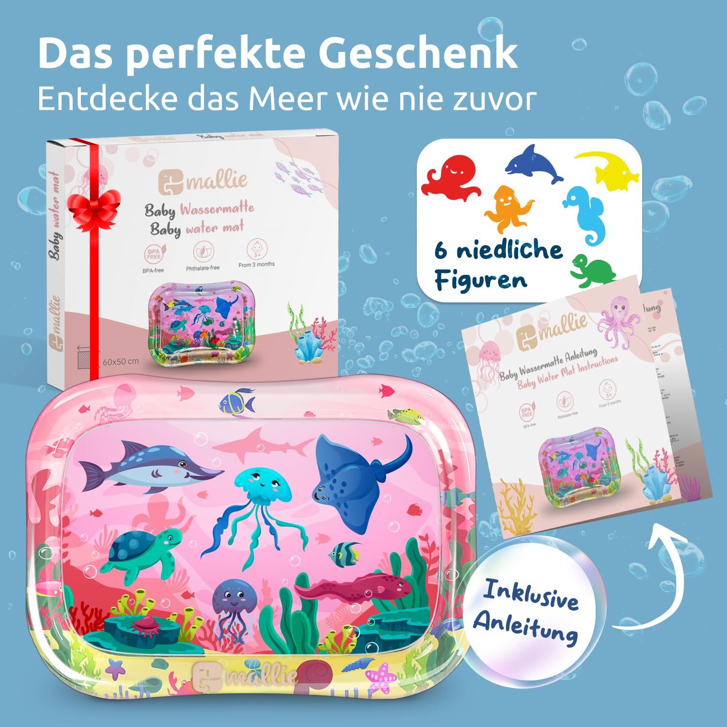 Mallie Spielmatte Original Wassermatte Baby BPA Frei - 66 x 50 cm (Perfektes Tummy Time Toy für die Bauchlage), Wasserspielmatte Baby, Baby Matte, Babymatte für Baby