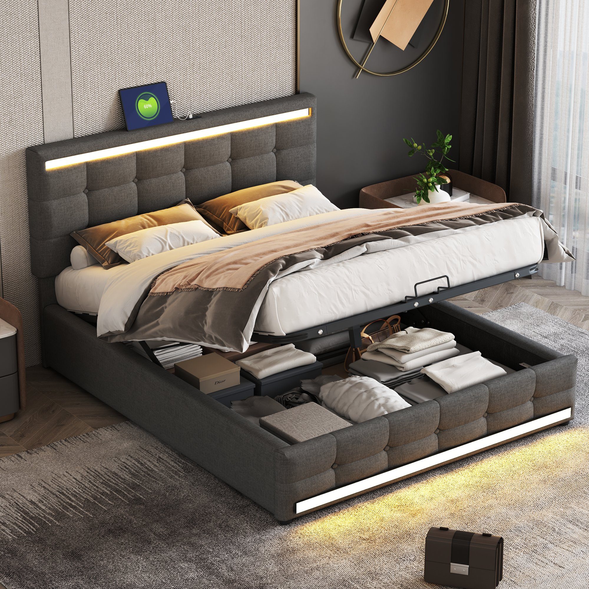 Flieks Polsterbett, LED Doppelbett Stauraumbett 2 günstig online kaufen