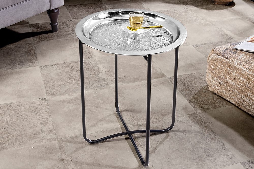 riess-ambiente Beistelltisch CASABLANCA 50cm silber / schwarz · Wohnzimmertisch aus Metall (Einzelartikel, 1-St), Teetisch · rund · handmade · abnehmbares Tablett · orientalisch