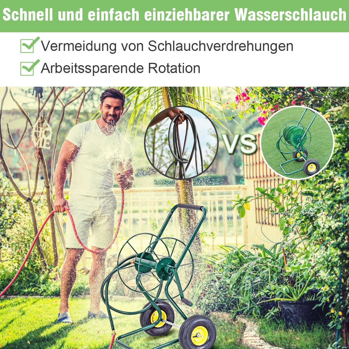 COSTWAY Schlauchwagen, (1-tlg), für 61M 3/4" Schlauch, mit 2 Luftreifen & Kurbel