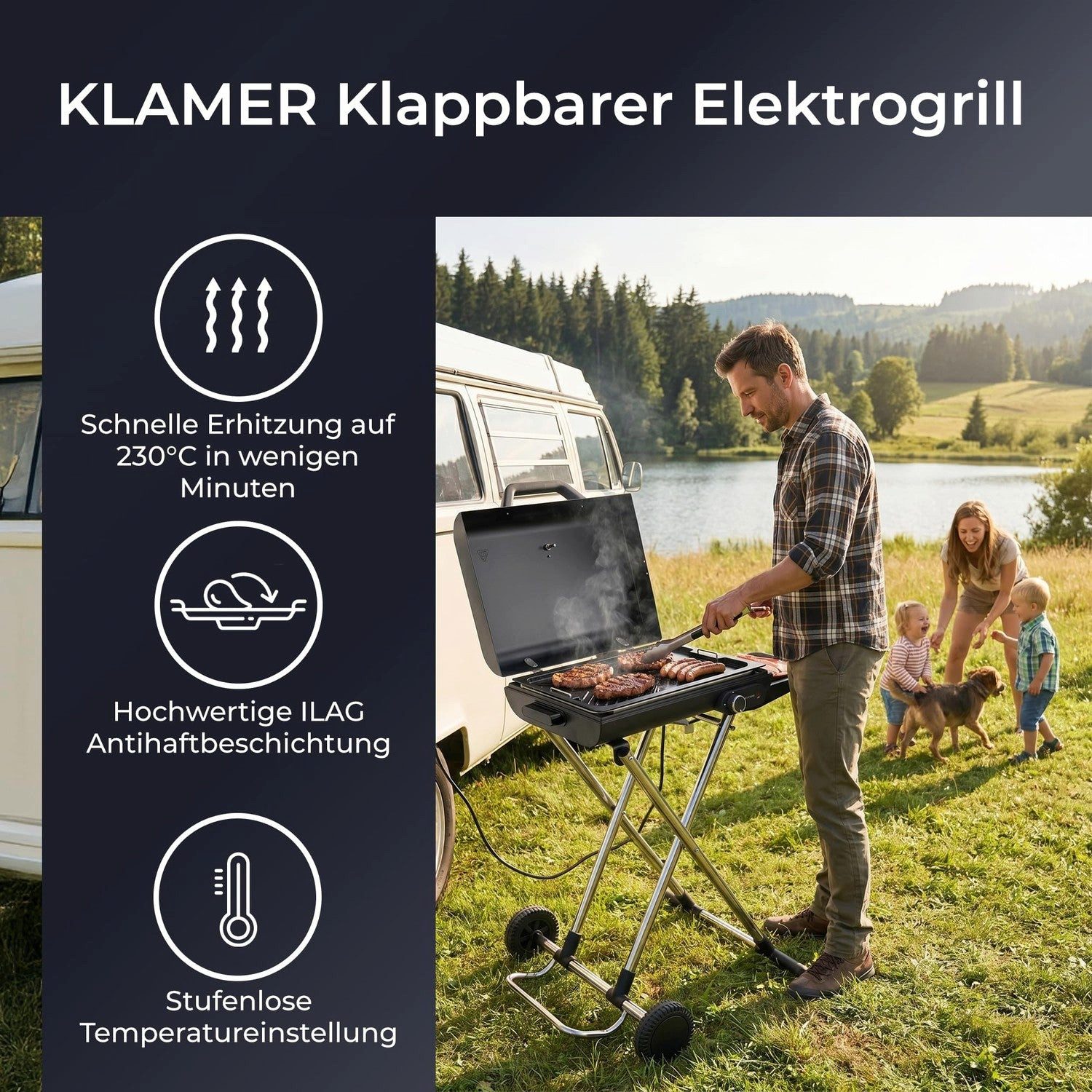 KLAMER Elektrogrill Klappbar, Balkon & Draußen, Deckelthermometer, Rollen, 2180 W, klappbar, Eingebautes Deckelthermometer, Anti-Haft-Oberfläche
