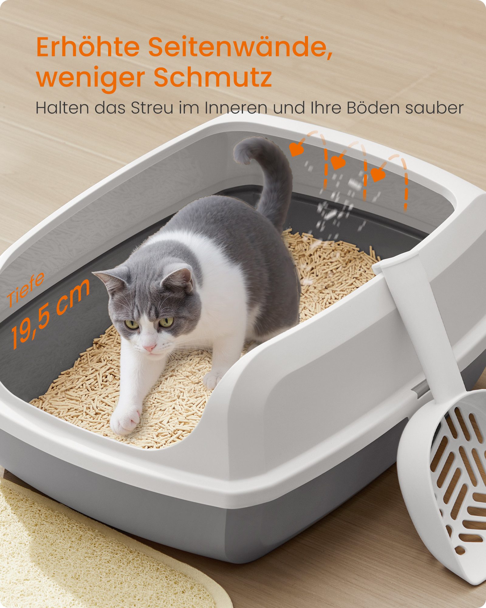 FEANDREA Katzentoilette, Katzenklo mit hohen Seitenwänden, offene Katzentoilette, mit Schaufel