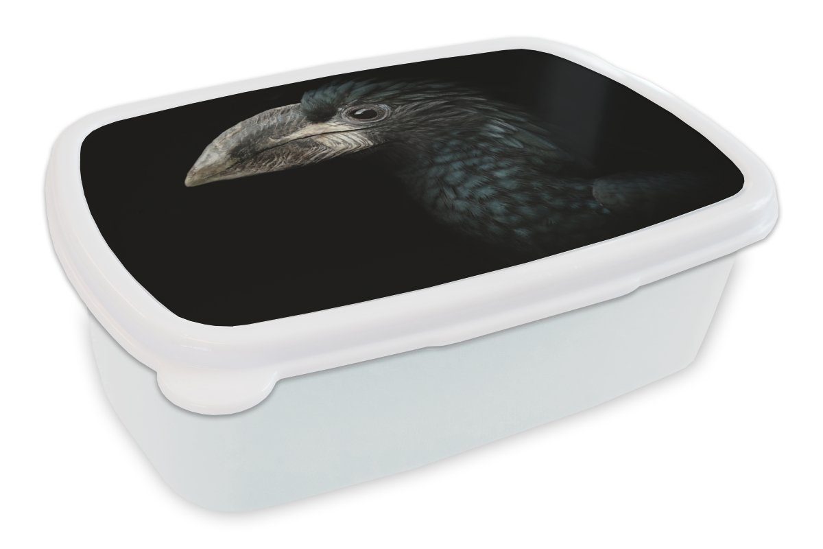 MuchoWow Lunchbox Vogel - Porträt - Hornvogel - Schwarz - Tiere, Kunststoff, (2-tlg), Brotbox für Kinder und Erwachsene, Brotdose, für Jungs und Mädchen weiß