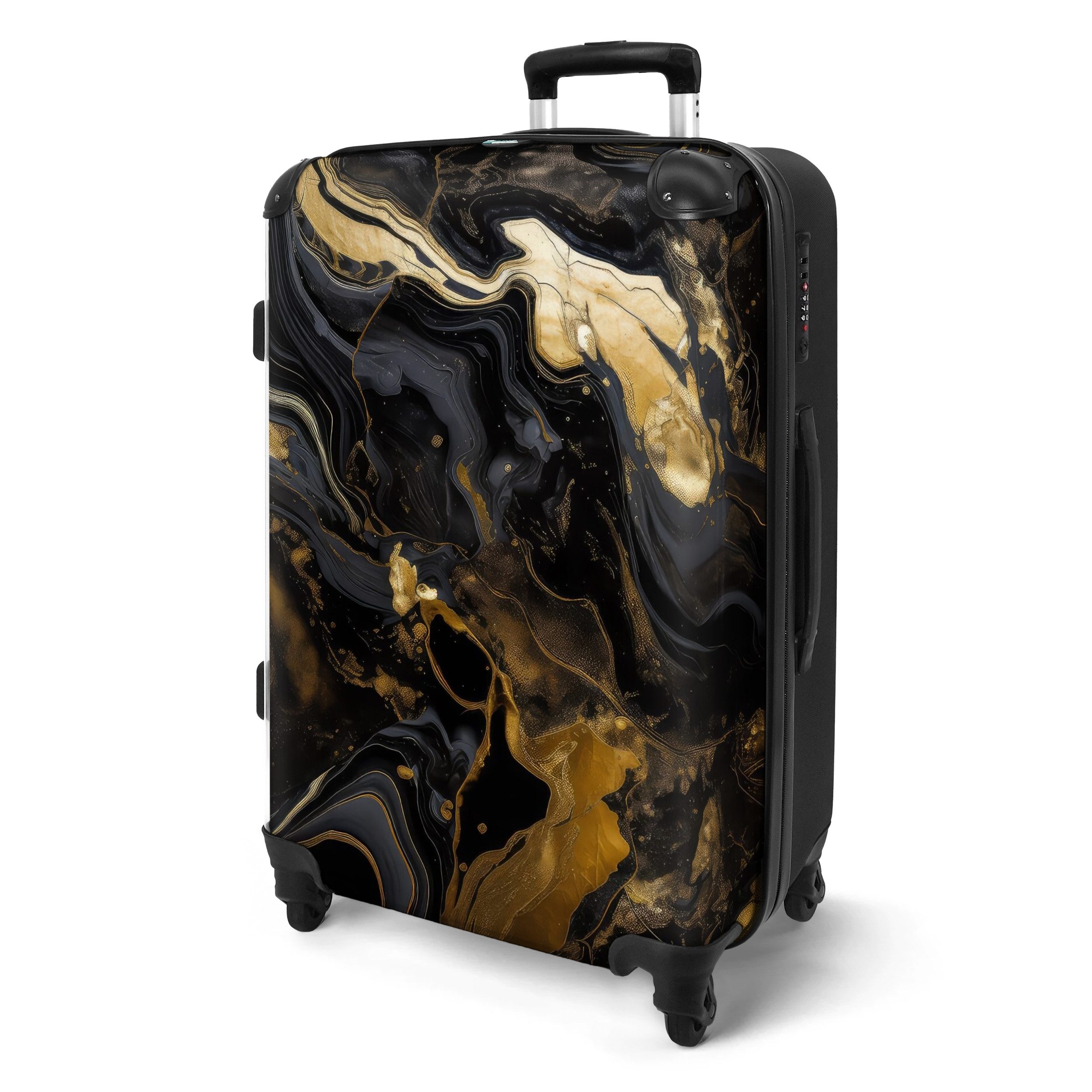 NoBoringSuitcases.com© Hartschalen-Trolley mit leuchtende Räder - Marmor - Gold - Luxus - Schwarz - Marmoroptik 6, 4 Rollen, Koffer Mittelgroß für 20kg, Suitcase für Erwachsene, Reisekoffer