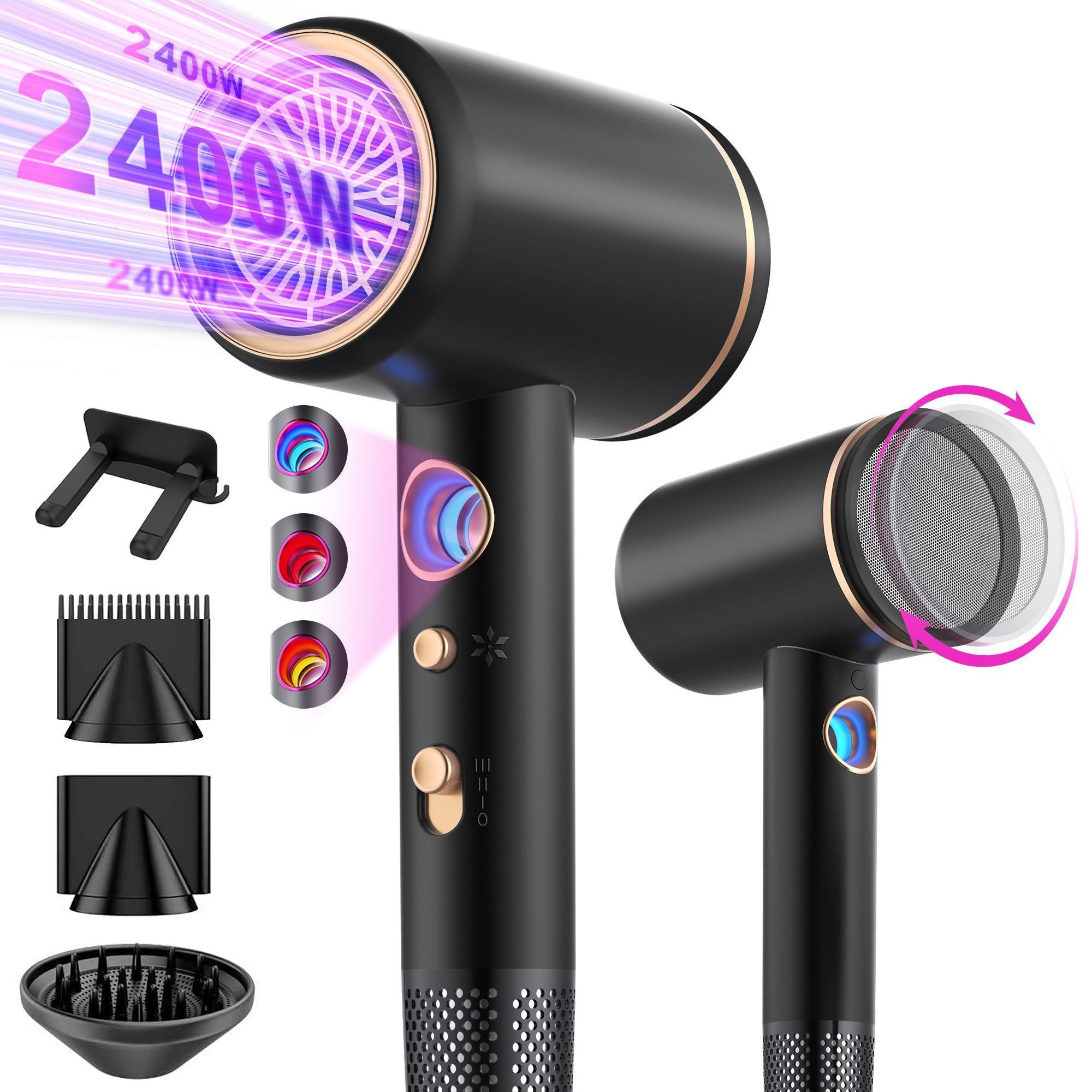 Forrlite Haartrockner 2026 Neues Haartrockner,Föhn Ionen mit Diffusor 2400W AC Motor, 2400 W, 3 Stylingdüsen Professional Ionen Haartrockner Haartrockner, Haartrockner 2400W, Professioneller Haarföhn mit 3 Hitze-Einstellungen