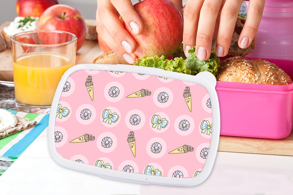 MuchoWow Lunchbox Donuts - Kawaii Pastell, Brotbox Kunststoff, Kinder, Erwachsene, rosa Mädchen, - Muster - für Kunststoff (2-tlg), Brotdose Snackbox