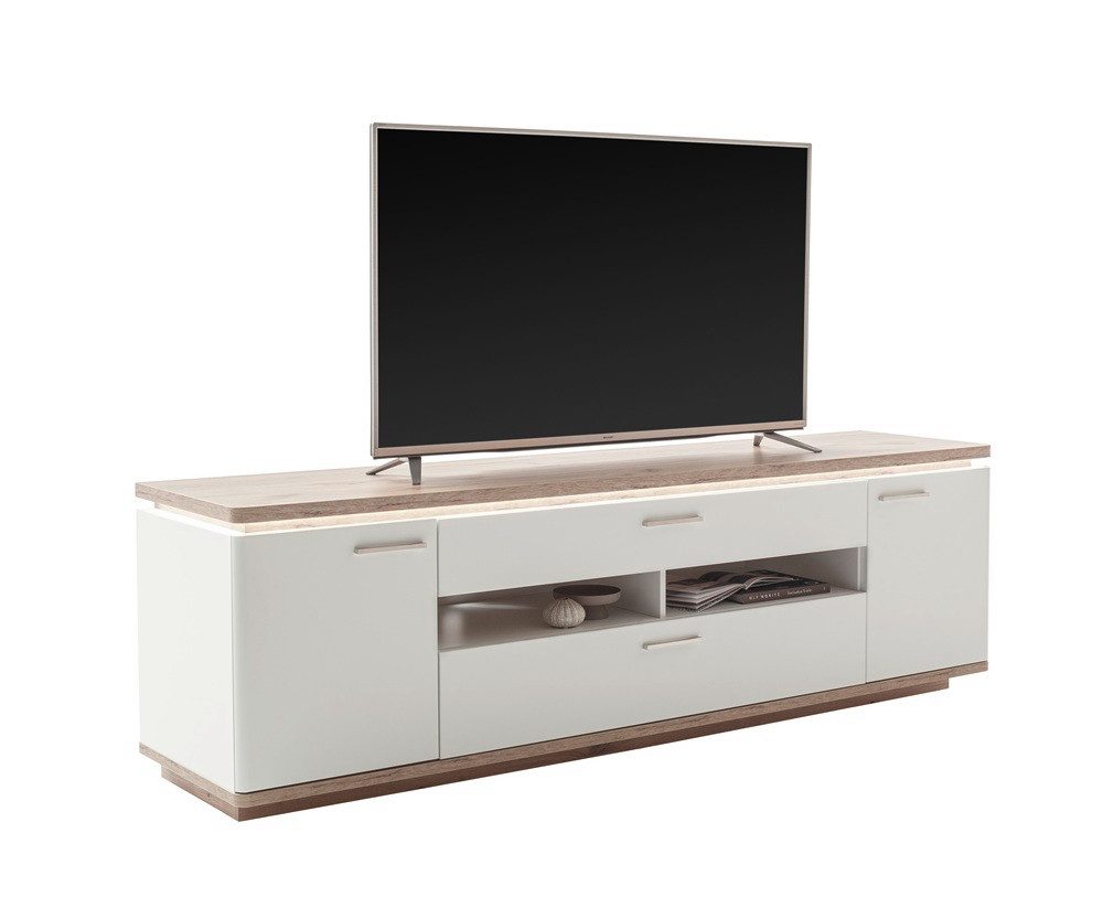 Furnhaus Lowboard Palermo TV-Lowboard, Soft White/Viking Oak, LED-Licht und Stauraum (Einzelartikel Fernsehschrank modernes Design, 1 St., als Fernsehschrank mit praktischen Ablagefächern), Modernes TV-Board mit Stauraum in Soft White für Wohnzimmer