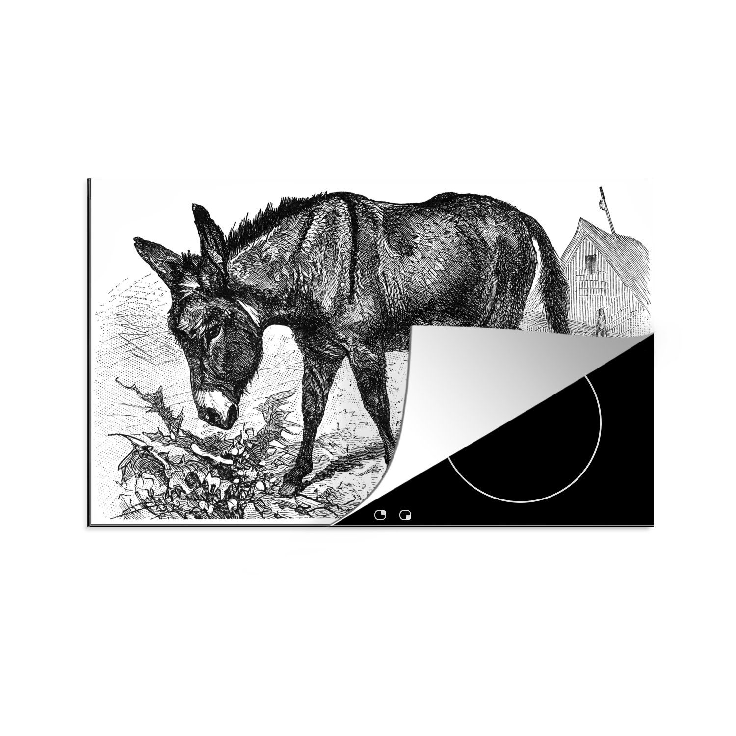 Herdblende-/Abdeckplatte (1 Esels 83x51 auf tlg), Illustration küche für Eine Vinyl, Arbeitsplatte eines cm, einem Ceranfeldabdeckung, MuchoWow Bauernhof,