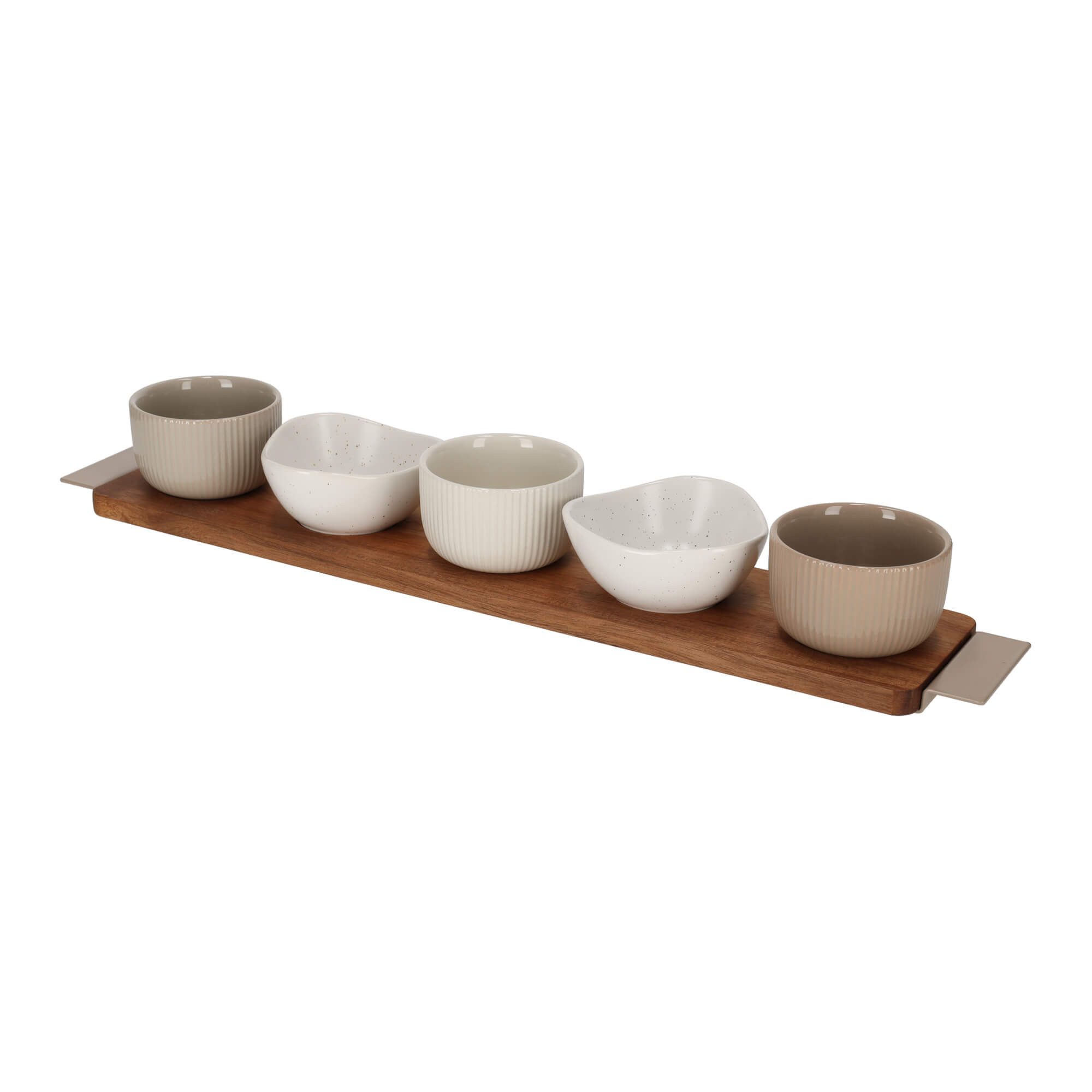 Jens Living Servierschale Bits & Bites Set, Akazienholz mit 5 Schalen & Metallgriffen, Tablet, Holz, Keramik, (6-tlg), Akazienholz, Metallgriffe, 5 Schalen, Tapas-Set