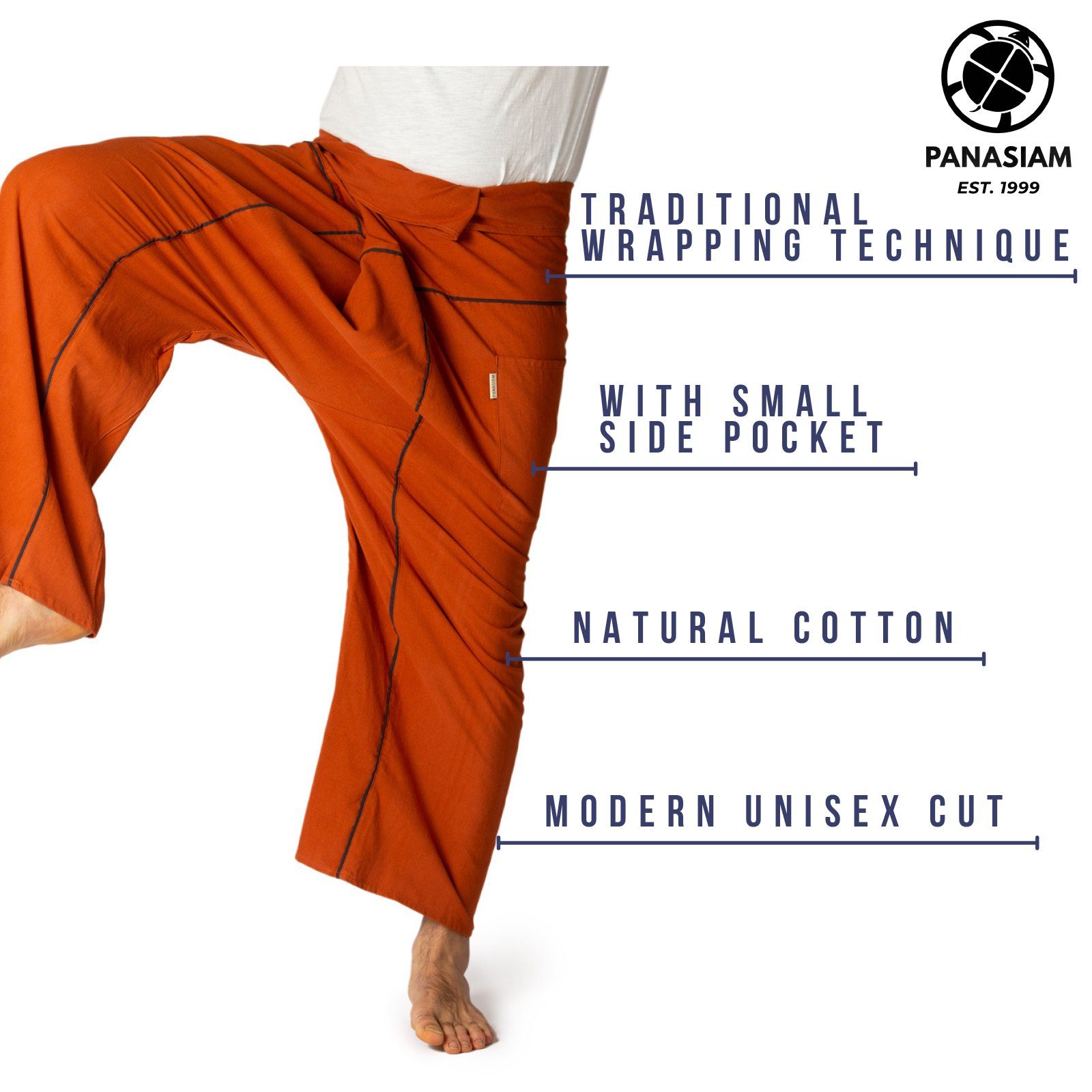 PANASIAM Wellnesshose Thai fit kupferbraun Freizeithose Relaxhose als Yogahose Wickelhose bequeme Stripe aus Unisex Baumwolle Fischerhose loose