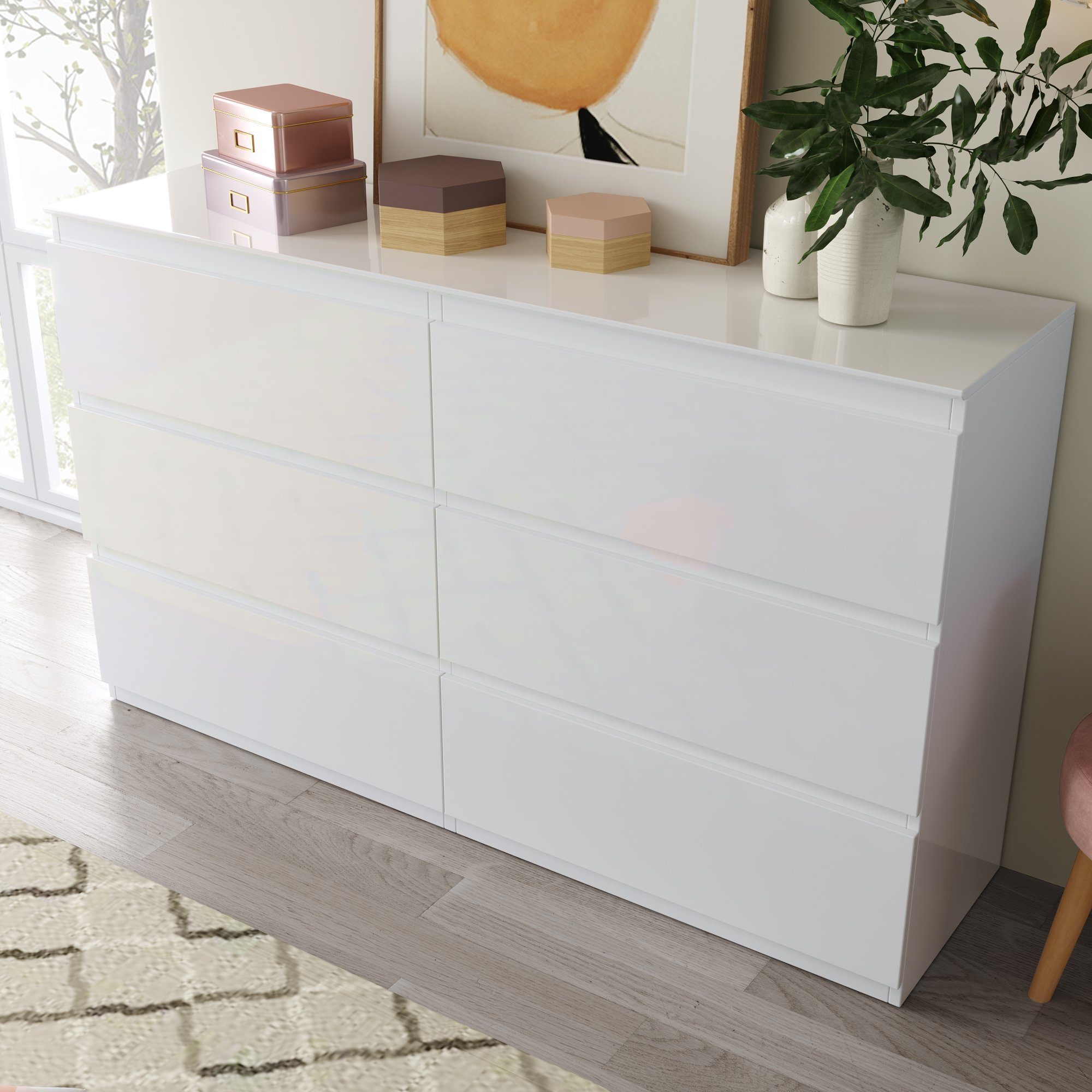 für OKWISH Wohnräume Schlafzimmer mit Weiß 130CM, & alle Sideboard (Kommode Highboard Schubladen /H88cm), 6 -B130/T40 Weiss Schubladenkommode Sideboard