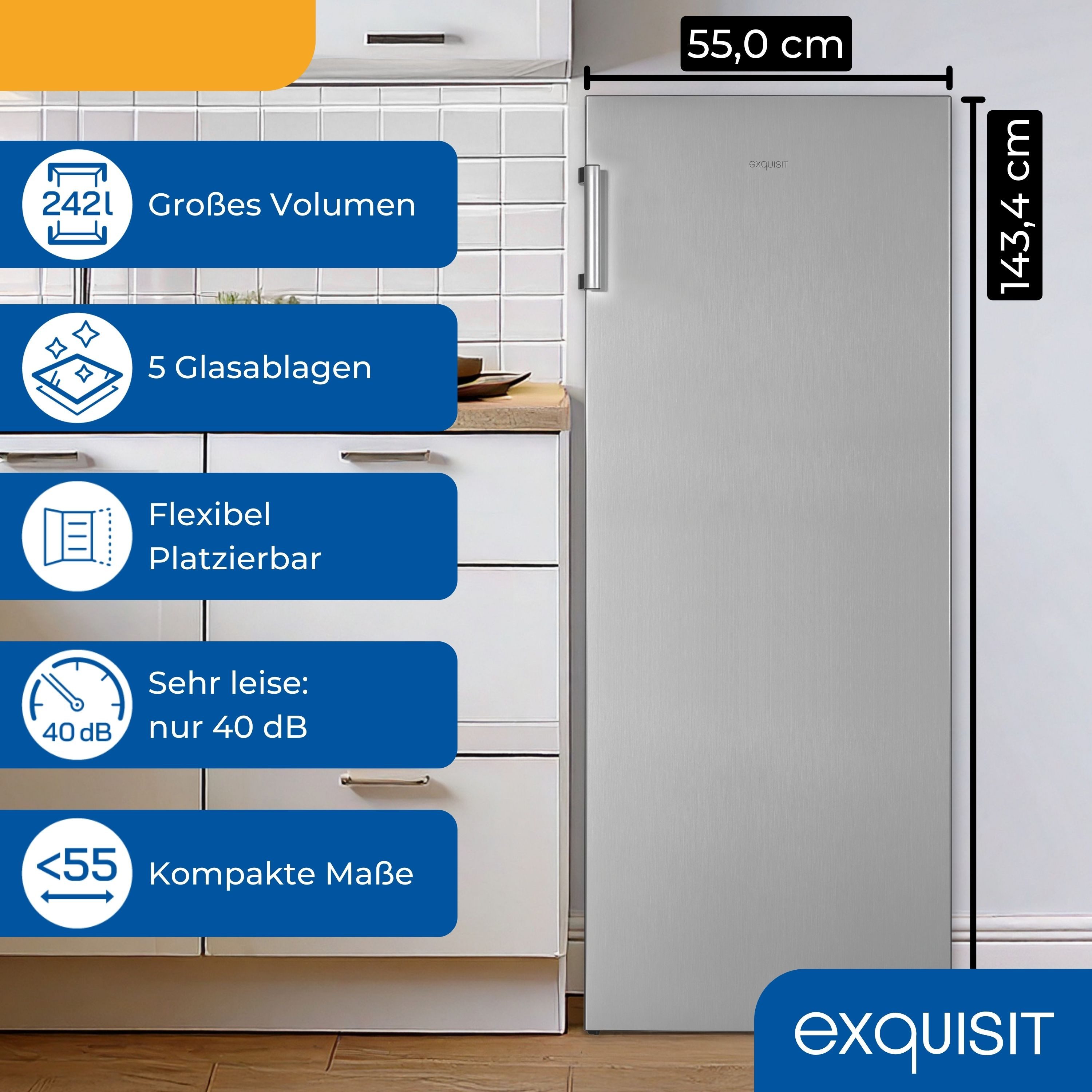 exquisit Vollraumkühlschrank KS5320-V-H-010E, 143.4 cm hoch, 55 cm breit, Türanschlag wechselbar, LED-Innenbeleuchtung