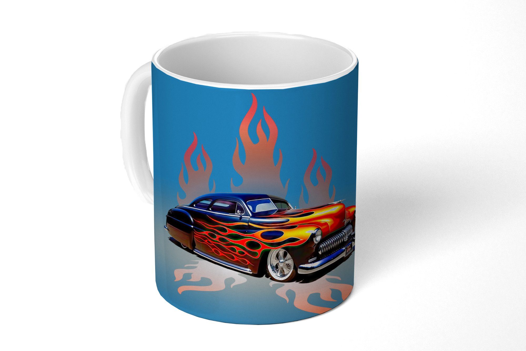 MuchoWow Tasse Auto - Flammen - Feuer - Blau - Vintage, Keramik, Kaffeetassen, Teetasse, Becher, Teetasse, Geschenk