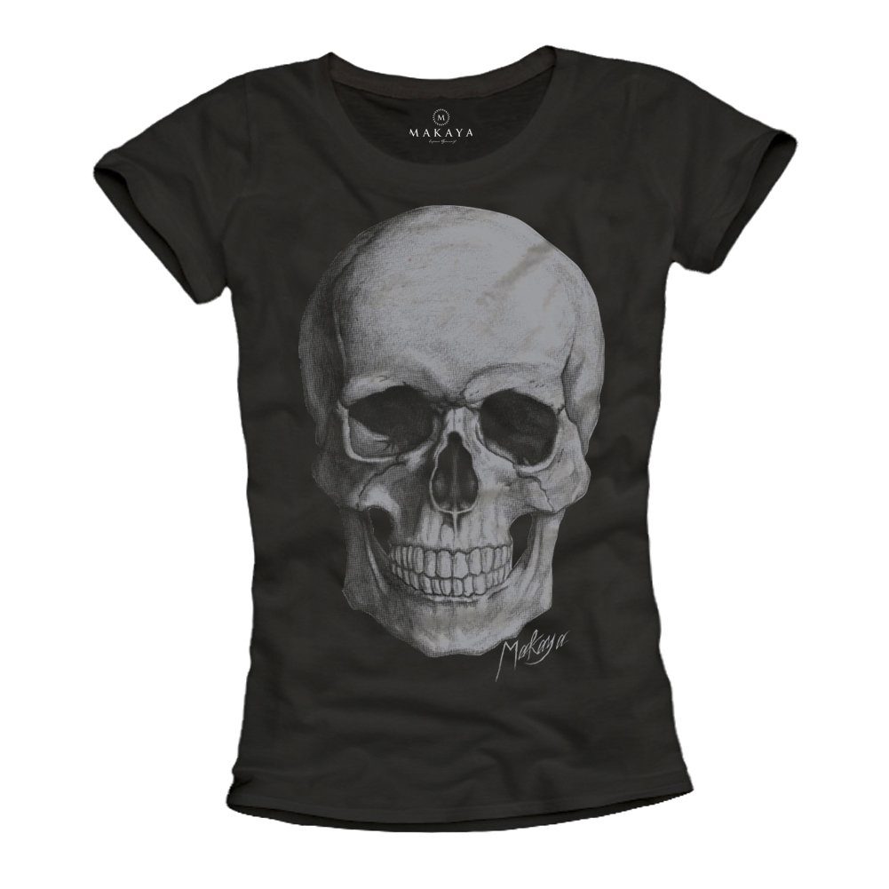 MAKAYA T-Shirt Damen Print Sommer Skull Totenkopf Musik Frontprint Damenshirt Top mit Rock Aufdruck