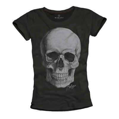 MAKAYA T-Shirt Damen Print Skull Aufdruck Totenkopf Sommer Top Rock Musik Damenshirt mit Frontprint