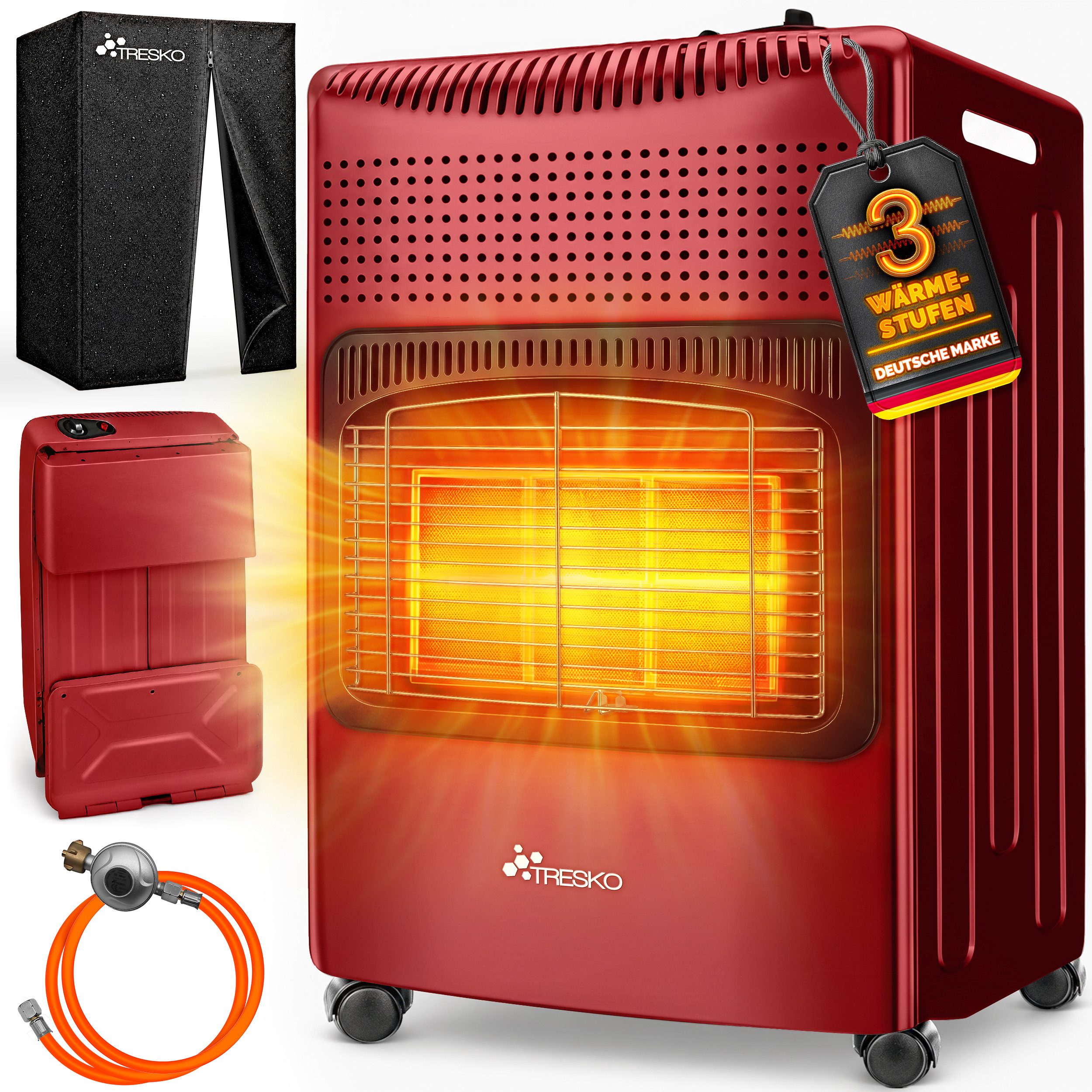TRESKO Heizstrahler 4200 W Gasheizung + Abdeckung Gasheizer 3 Stufen Gasofen Gasheizofen