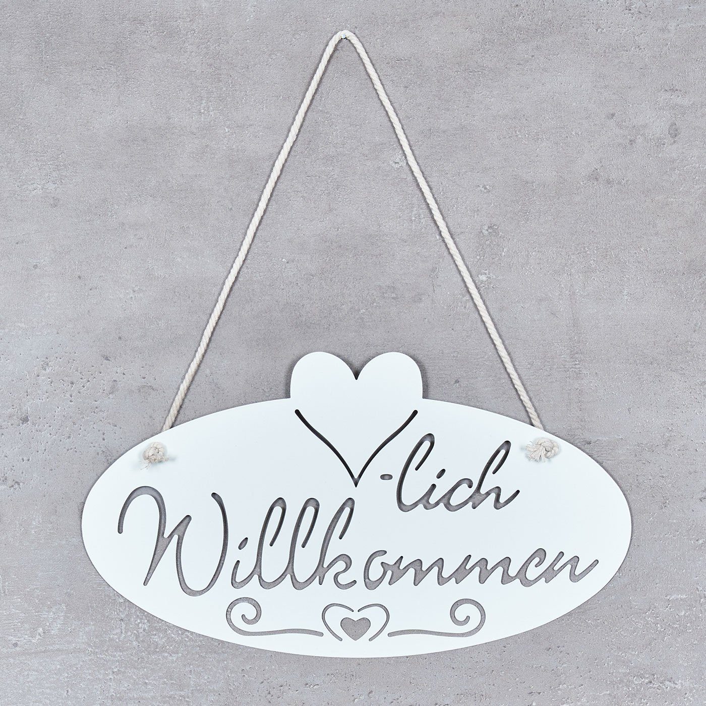 Levandeo® Metallbild, Schild Willkommen Herz 28,5x16cm Garten-Deko Türschild Weiß