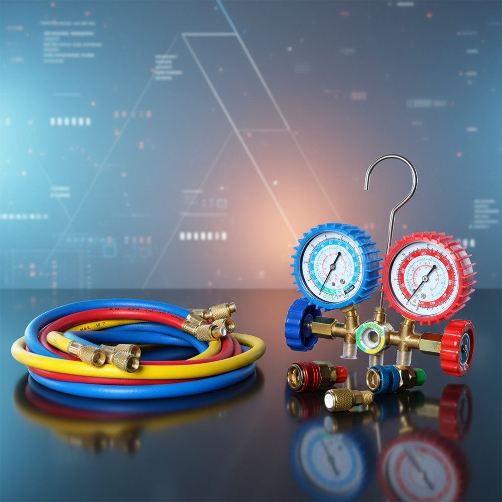 Melko Klimaanlagenschlauch Schläuche Schauglas + Manometer 2-Wege Klimaanlage R134a R22 R12 R502, Zubehör für Klimaanlagen, 2 Schnellkupplungen mit Adaptern für den Gebrauch in Auto Klimaanlagen