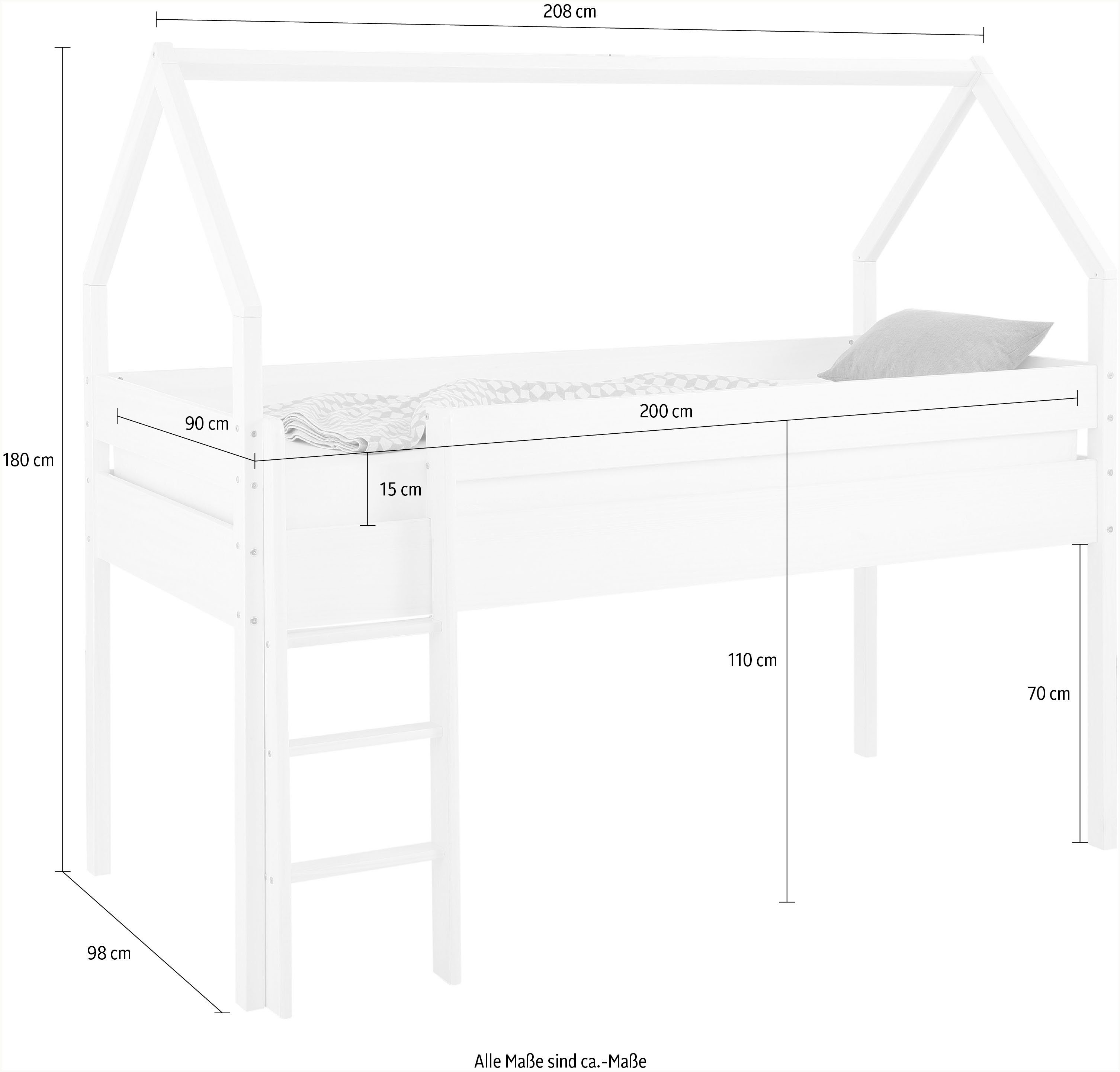 cm einer Alpi, Haus-Optik aus Kinderbett Lüttenhütt Weiß 90x200 in Form, Liegefläche Kiefernholz,