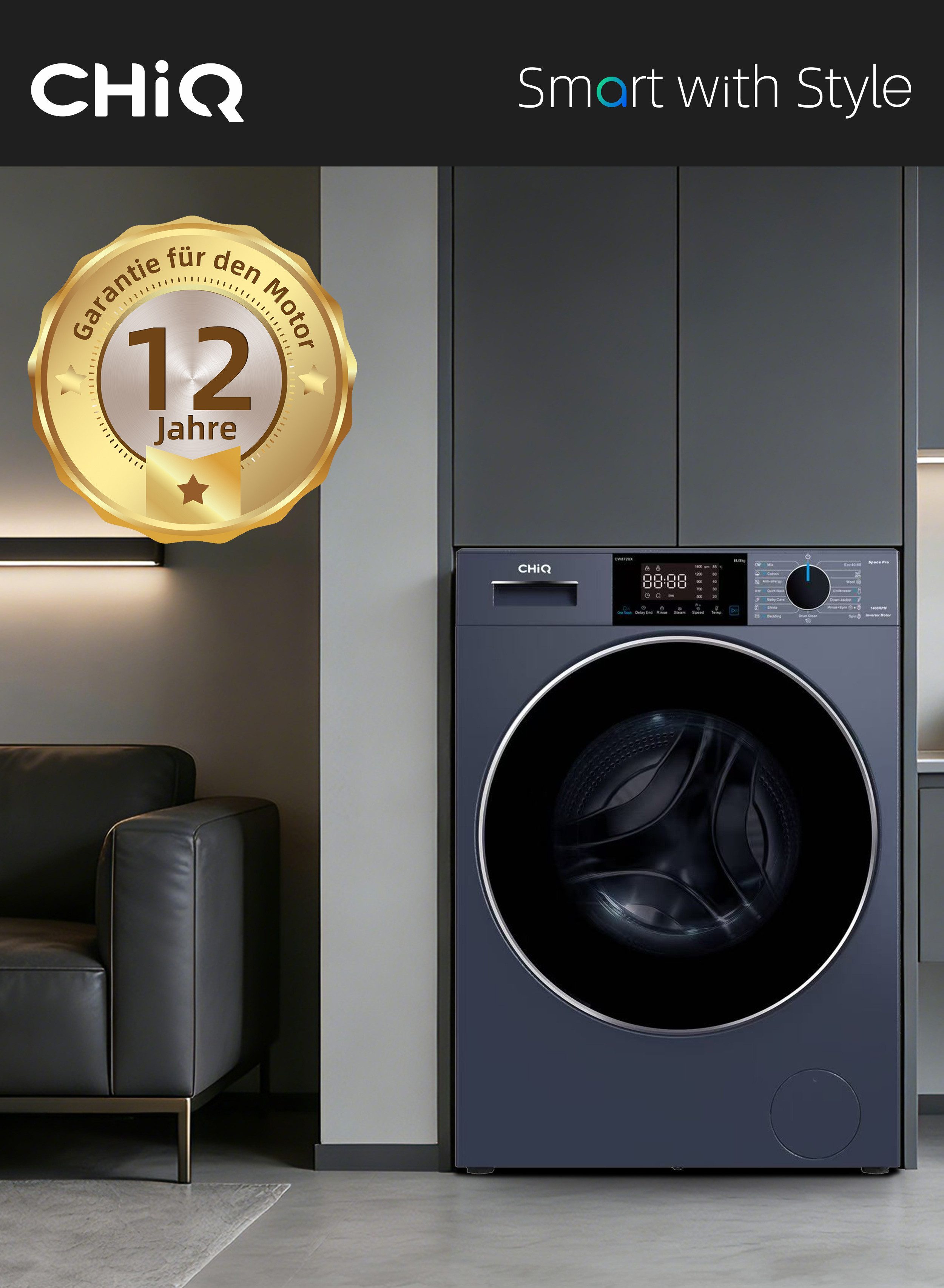 CHiQ Waschmaschine Pure Flat Design CW8728X, 8 kg, 1400 U/min, EEK A-15%, 12 Jahre Garantie, 15-Minuten-Kurzprogramm