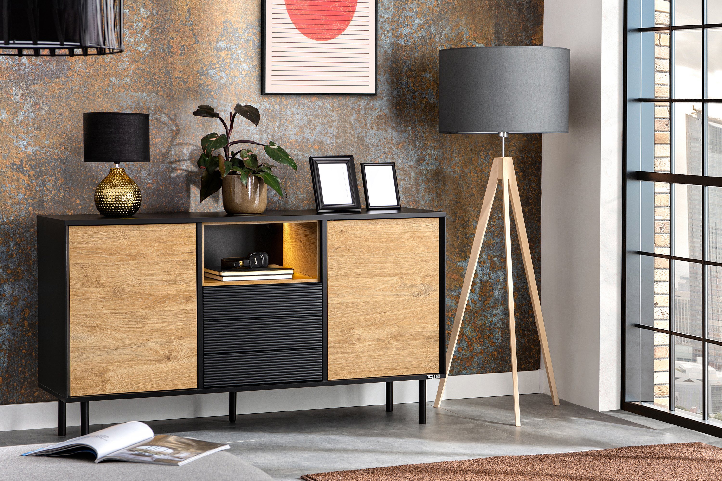 Konsimo Kombikommode LOFTY Sideboard Türkommode mit Schubladen industrial  Style, Breite 151 cm, geriffelte Front, Holz, mit Schubladen
