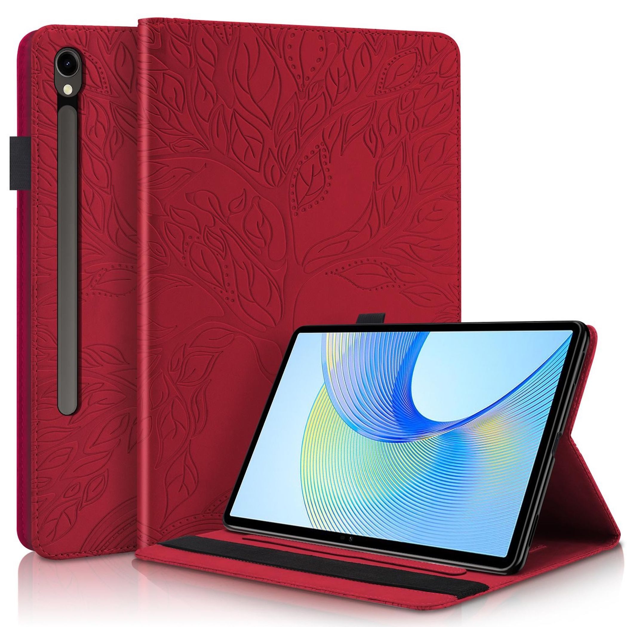 Wigento Tablet-Hülle Für Samsung Galaxy Tab S10 FE Plus Kunstleder Baum Design Tasche Rot, Baum Design Hülle mit Standfunktion und Kratzschutz