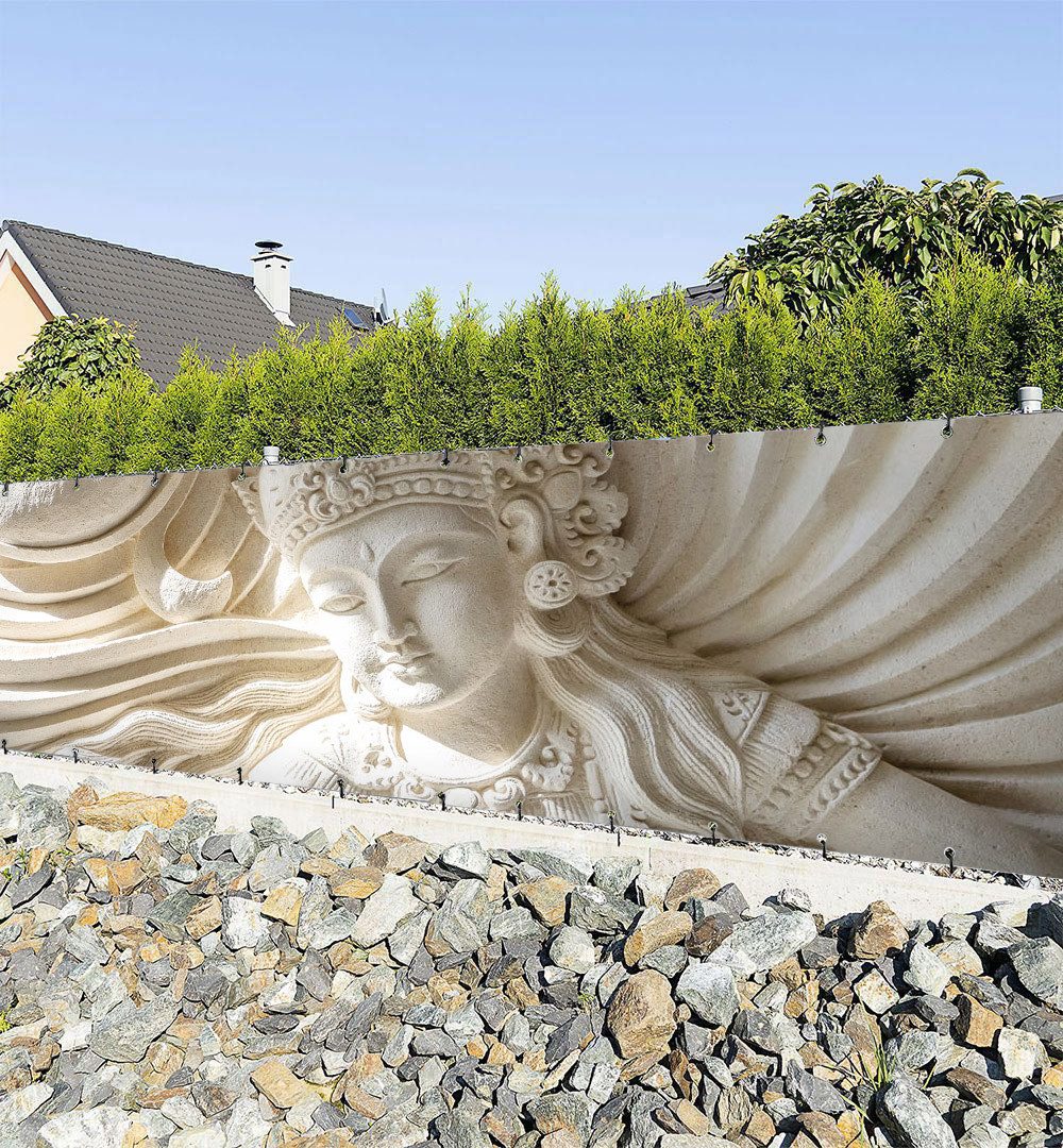 Sichtschutzzaunmatten Zaunbanner versteinerte Buddha Figur 3D Sichtschutz Garten Zaun