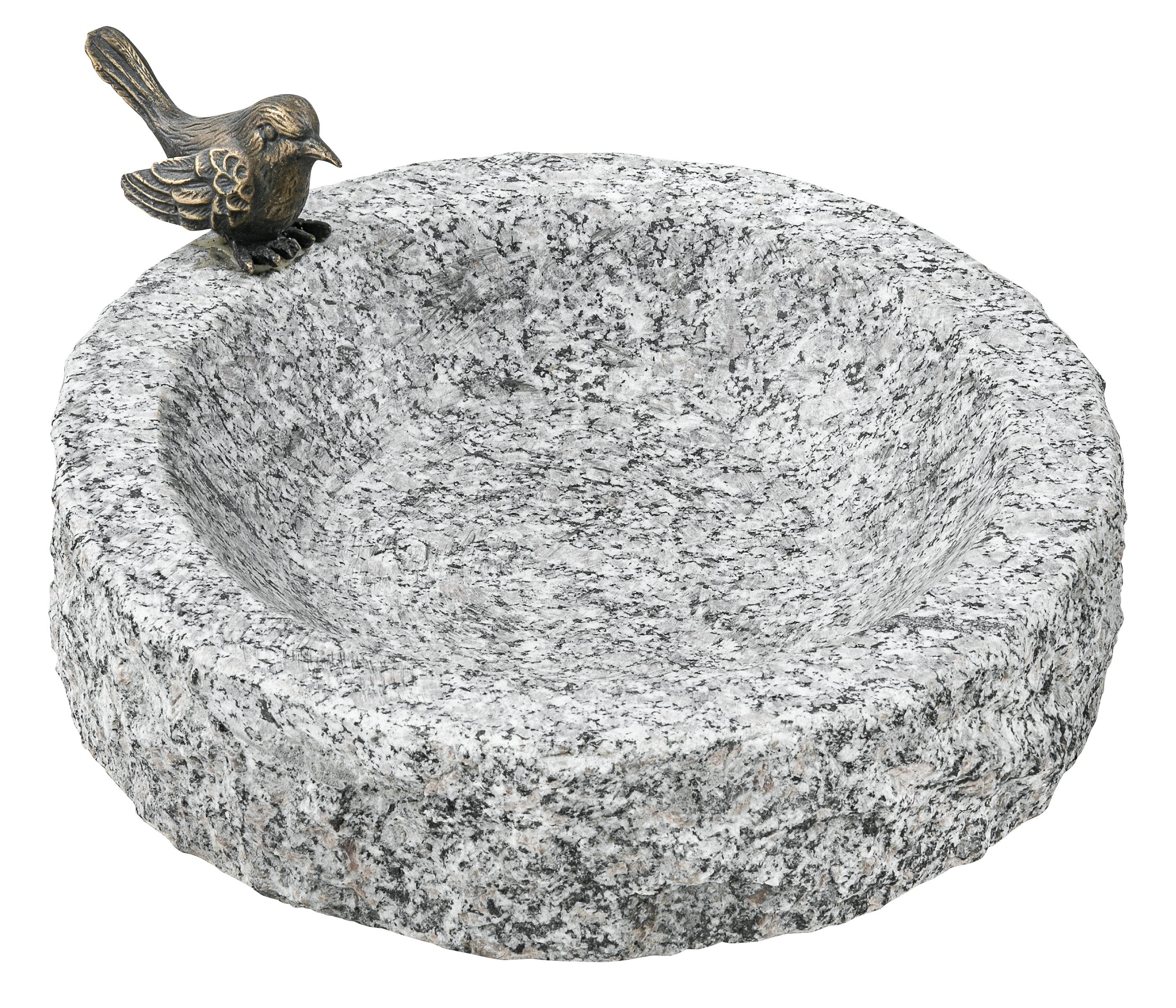 Dehner Vogeltränke Vogeltränke mit Bronze-Vogel, Ø 30 cm, Höhe 7 cm, Granit, frostbeständiger Trinkplatz für Vögel