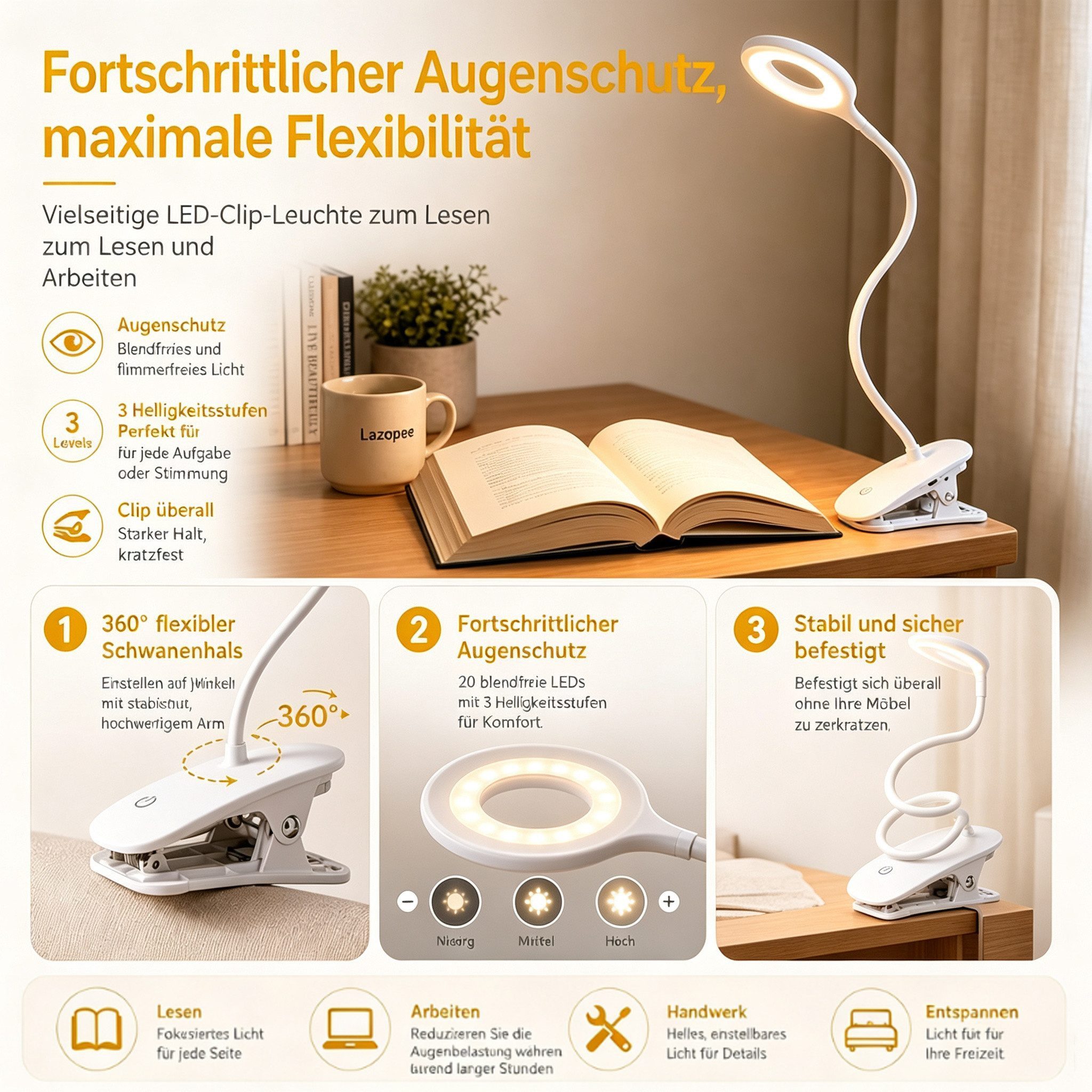 Fyrove LED Leselampe Leselampe Buch Klemme im Bett, USB Wiederaufladbare Leselicht, LED fest integriert, Warmweiß, Kaltweiß, Neutralweiß, Klemmlampe Augenschonende Leselampe Klemme mit 3 Helligkeitsstufen