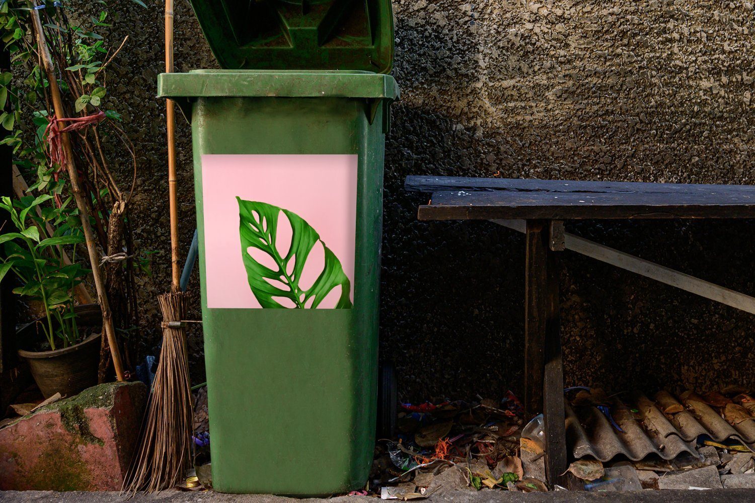 mit St), Abfalbehälter MuchoWow Container, Sticker, Botanisches heller Wandsticker Mülleimer-aufkleber, Farbe Hintergrund als Mülltonne, Blatt (1