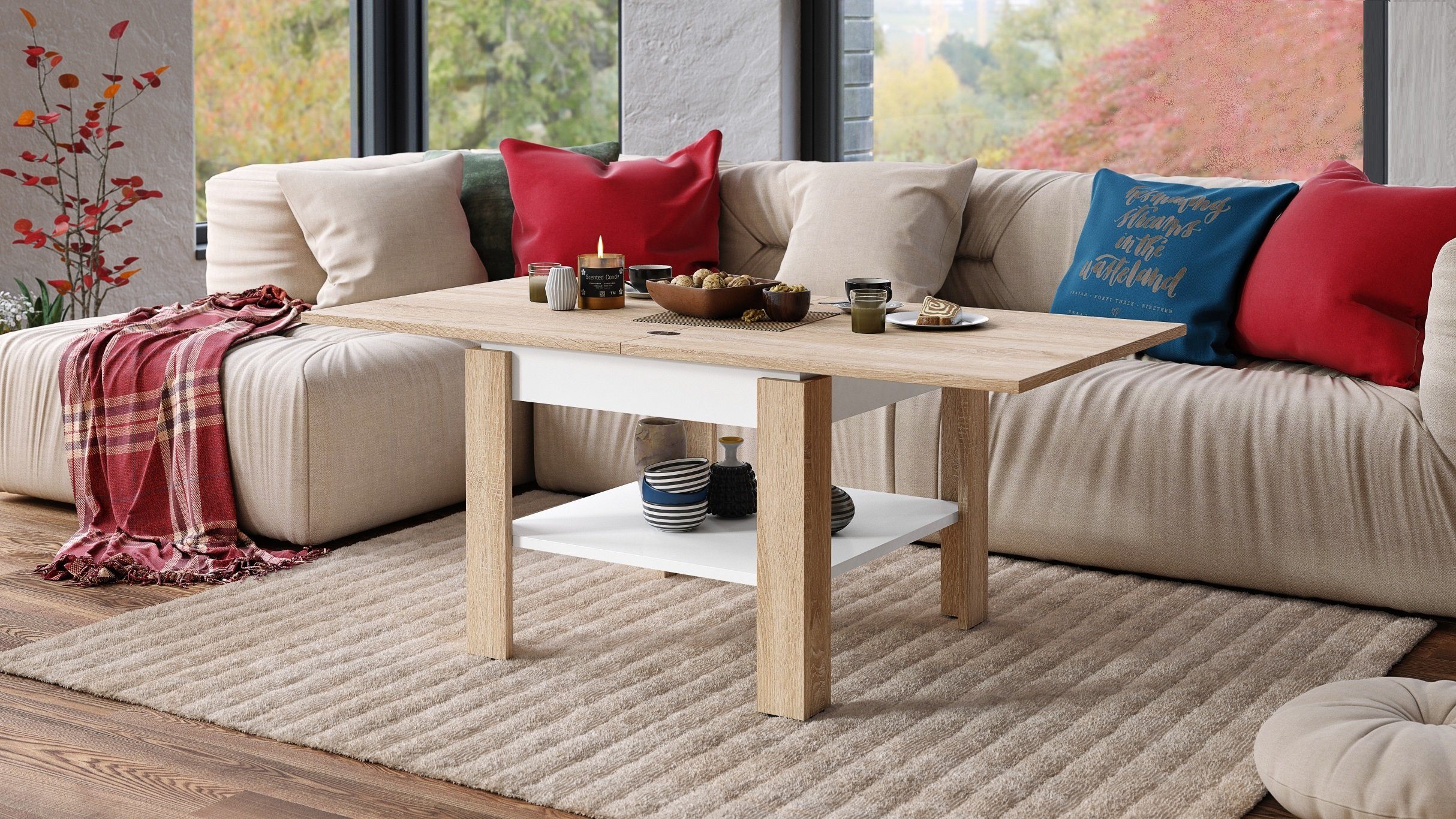 Mazzoni Couchtisch Design Tisch Leo Sonoma Eiche - Weiß matt aufklappbar 65 - 130cm Sonoma Eiche / Weiß matt