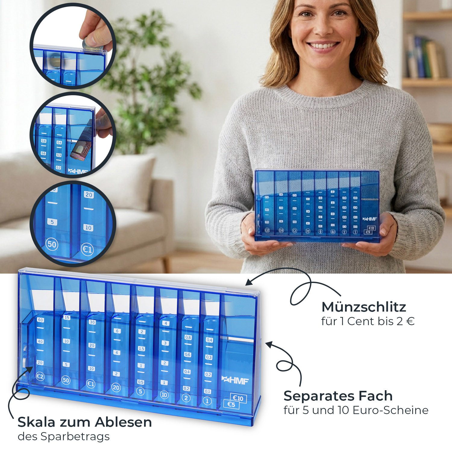 HMF Spardose Münzzähler mit automatischer Sortierung zur Kleingeld Aufbewahrung, Münzsortierer mit Werteskala als Spardose Kinder, 24 x 12 x 5 cm, Blau