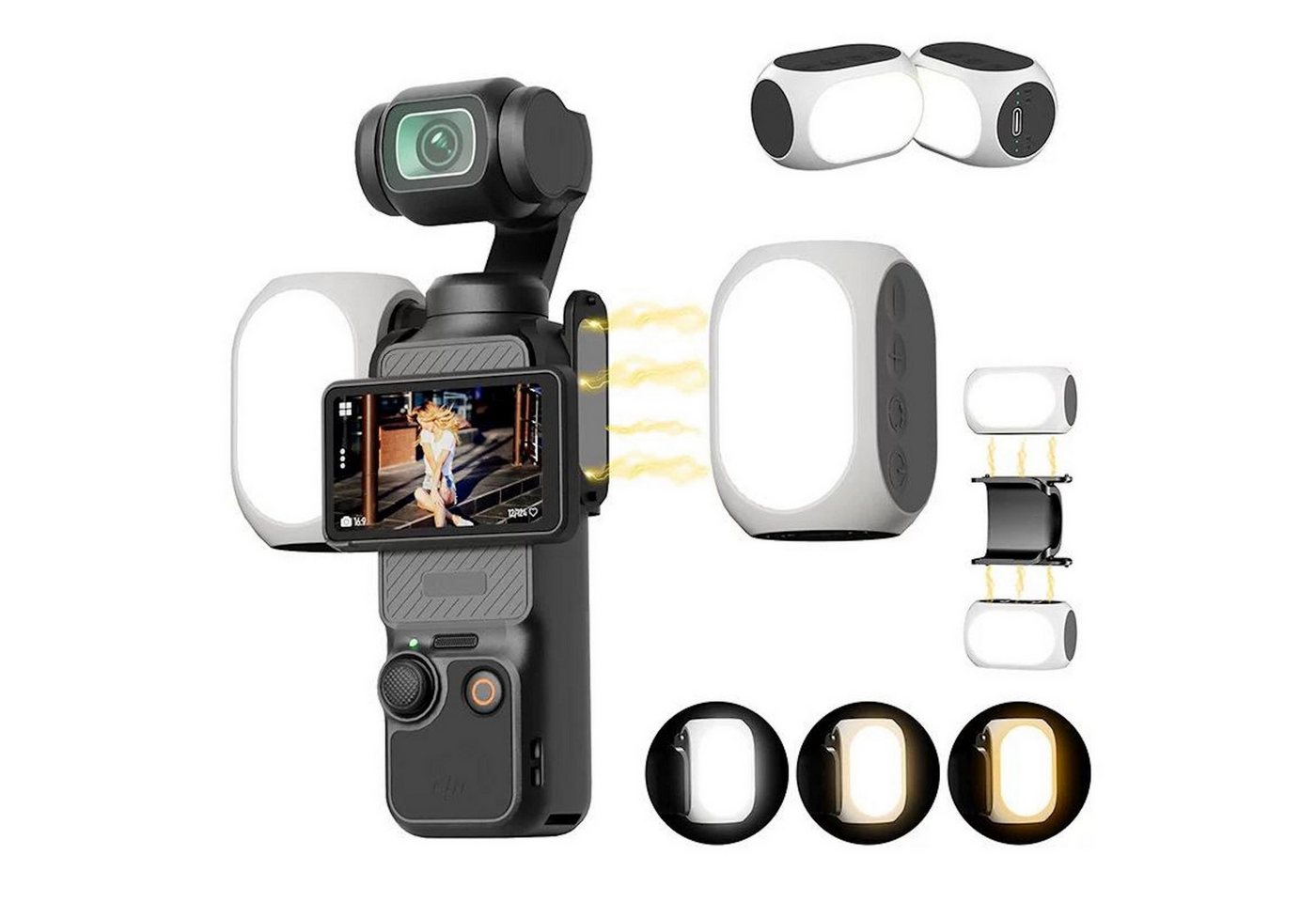 Wigento Wiederaufladbares Füll Licht für DJI Osmo Pocket 4 3 2er Set Zubehör Zubehör Drohne (Kompakt, Leicht, Magnetisch, Wiederaufladbar, Mit 3 Farbmodi)