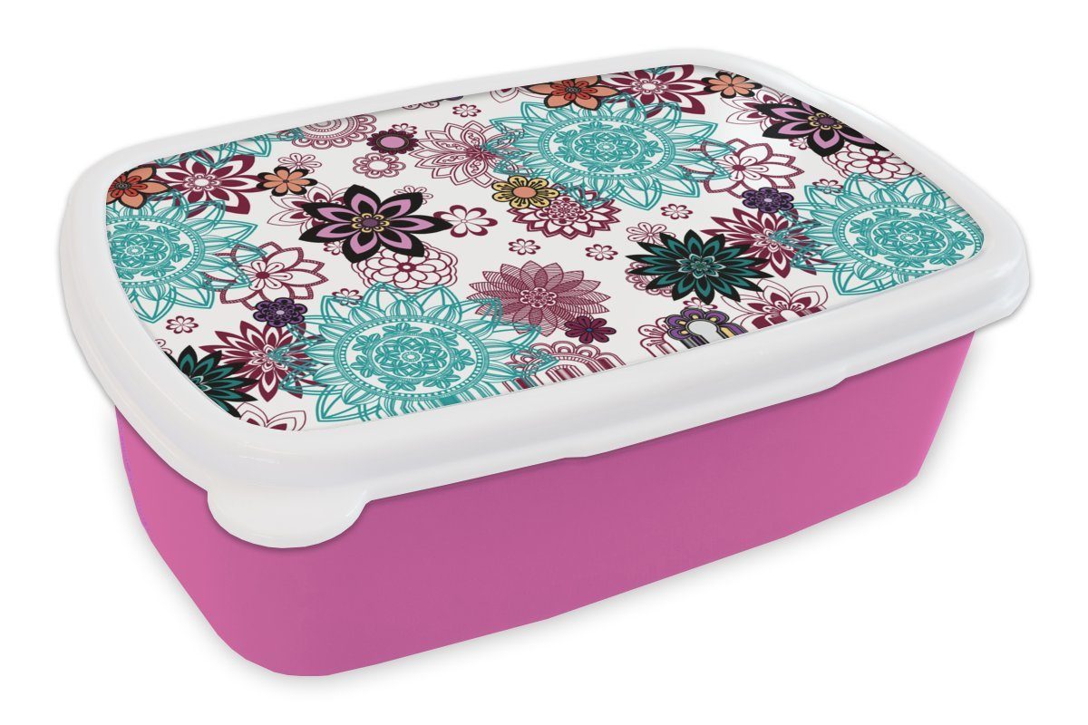 MuchoWow Lunchbox Mandala - Blumen - Muster, Kunststoff, (2-tlg), Brotbox für Erwachsene, Brotdose Kinder, Snackbox, Mädchen, Kunststoff rosa